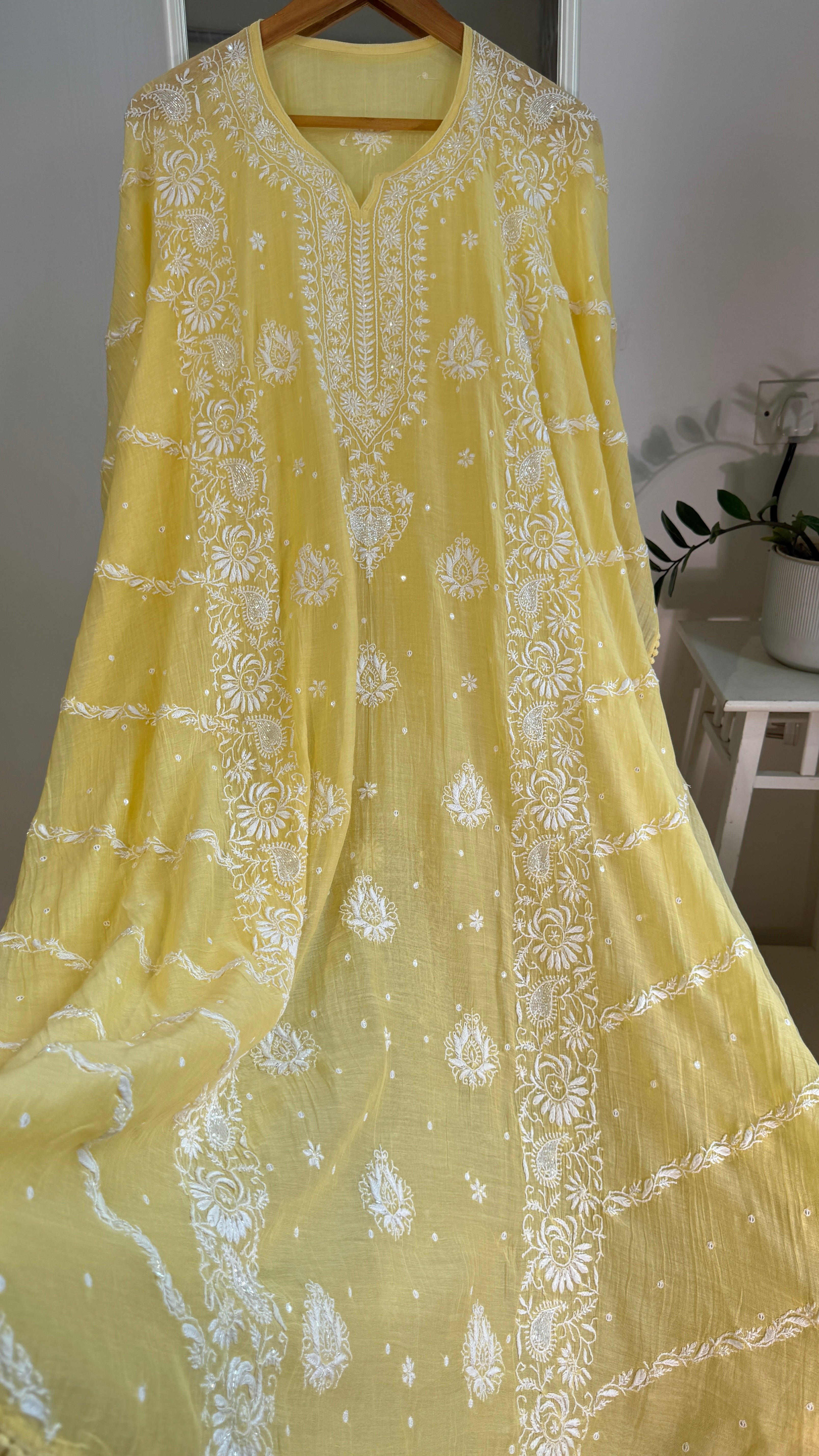 Mul Chanderi Chikankari Kaftan - Yellow