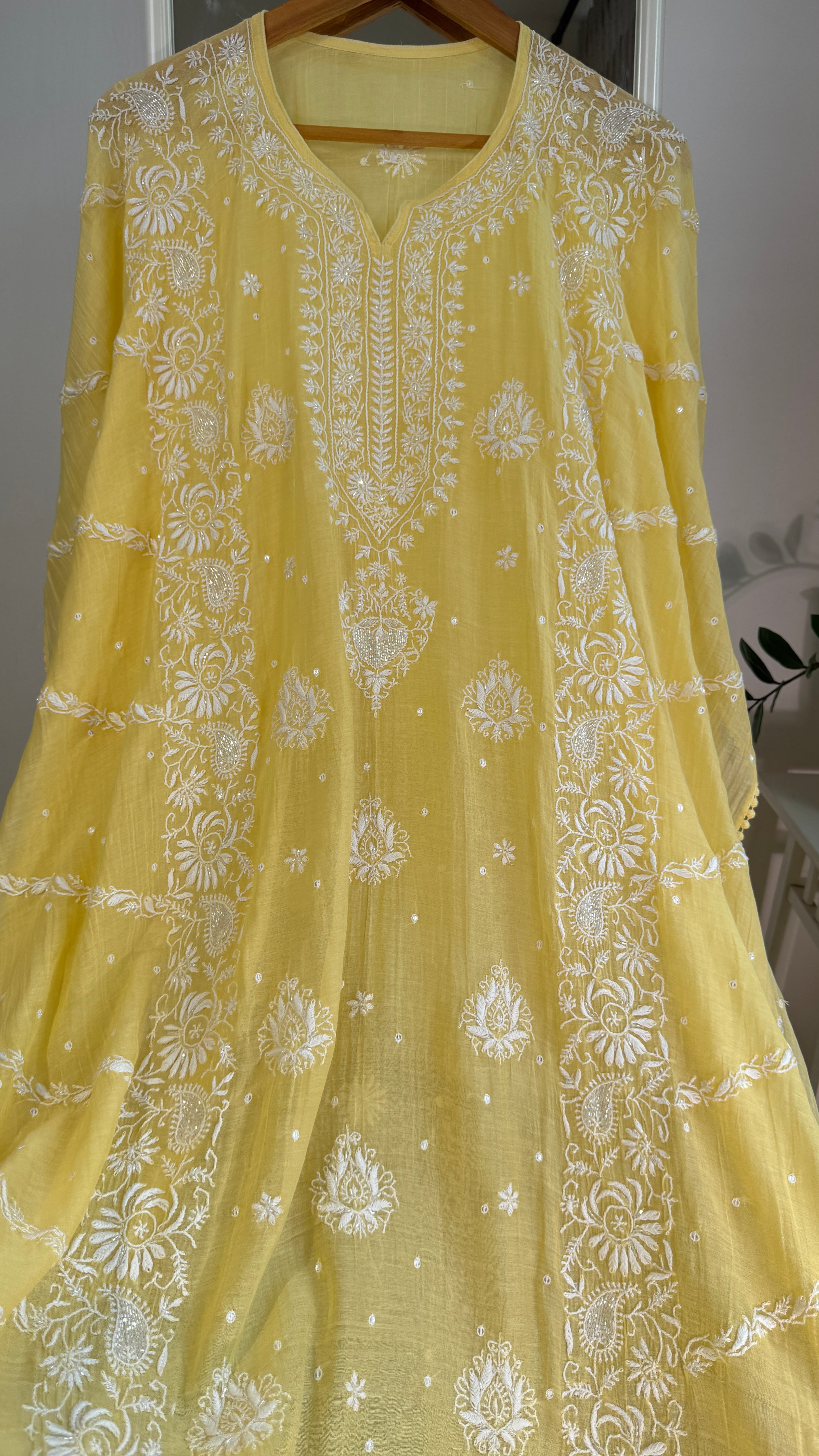 Mul Chanderi Chikankari Kaftan - Yellow