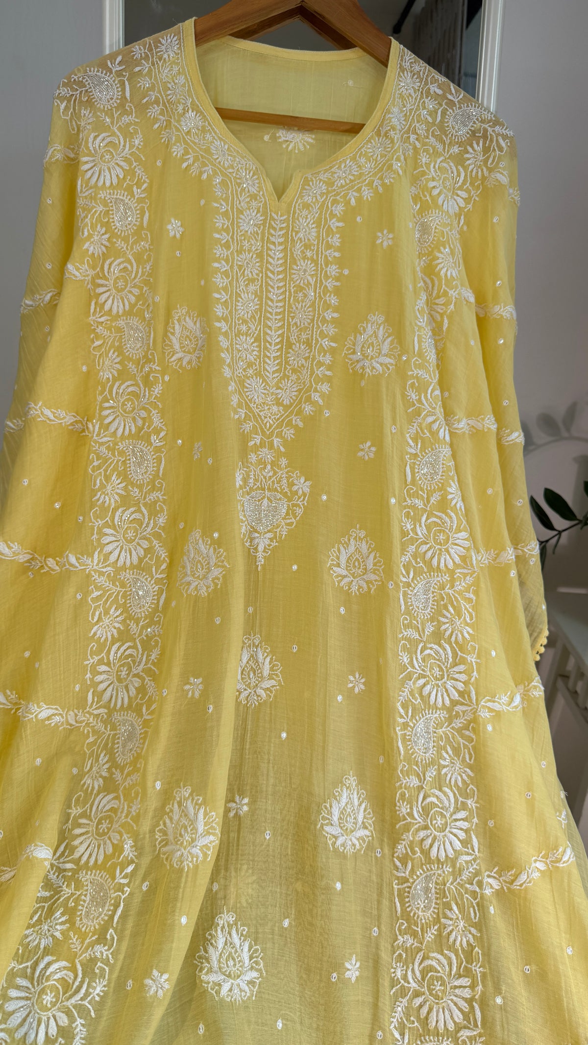 Mul Chanderi Chikankari Kaftan - Yellow
