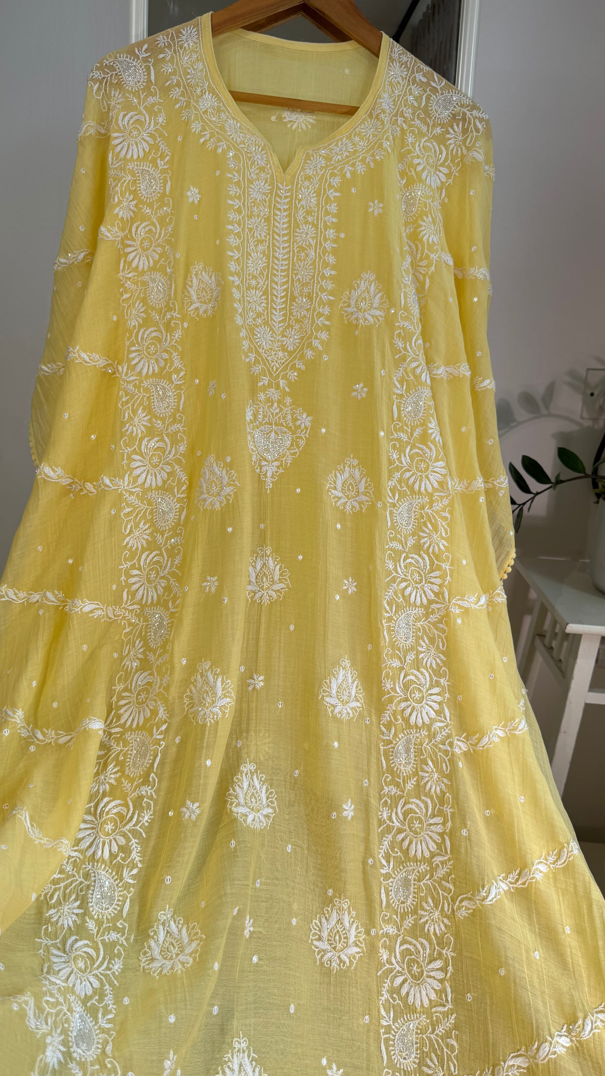 Mul Chanderi Chikankari Kaftan - Yellow