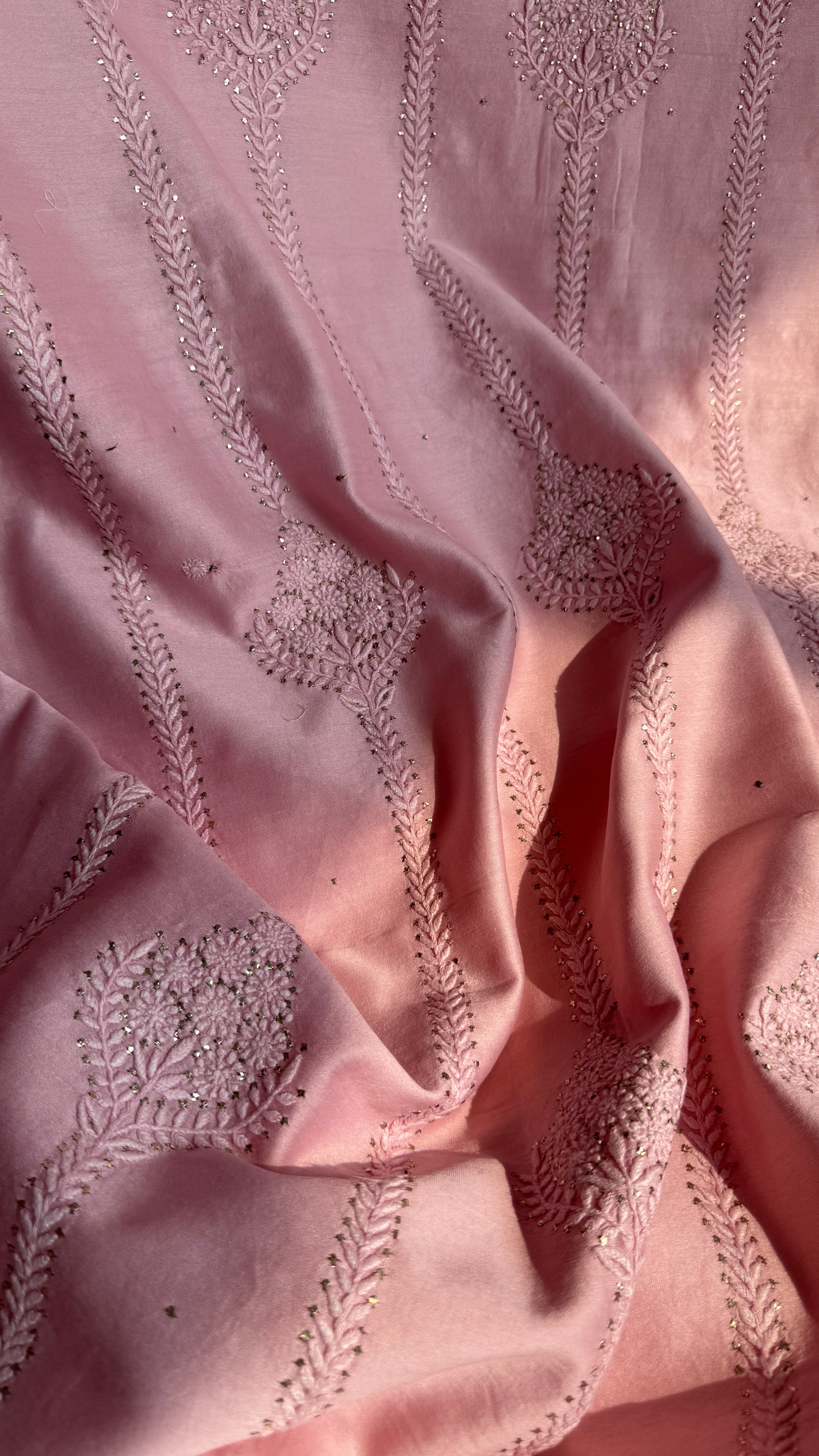 Chanderi Chikankari Length Mukaish with Dupatta - Pink