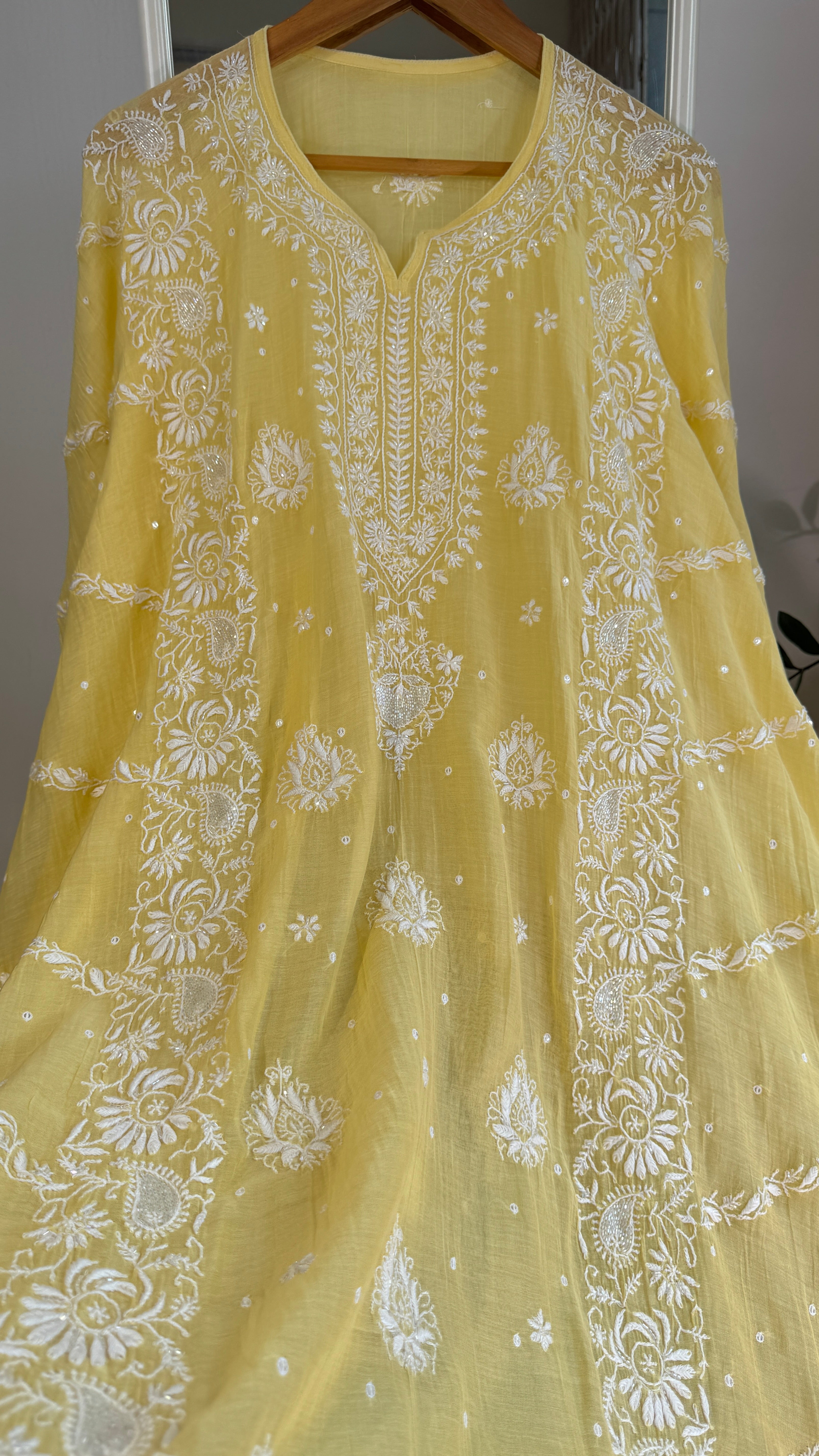 Mul Chanderi Chikankari Kaftan - Yellow