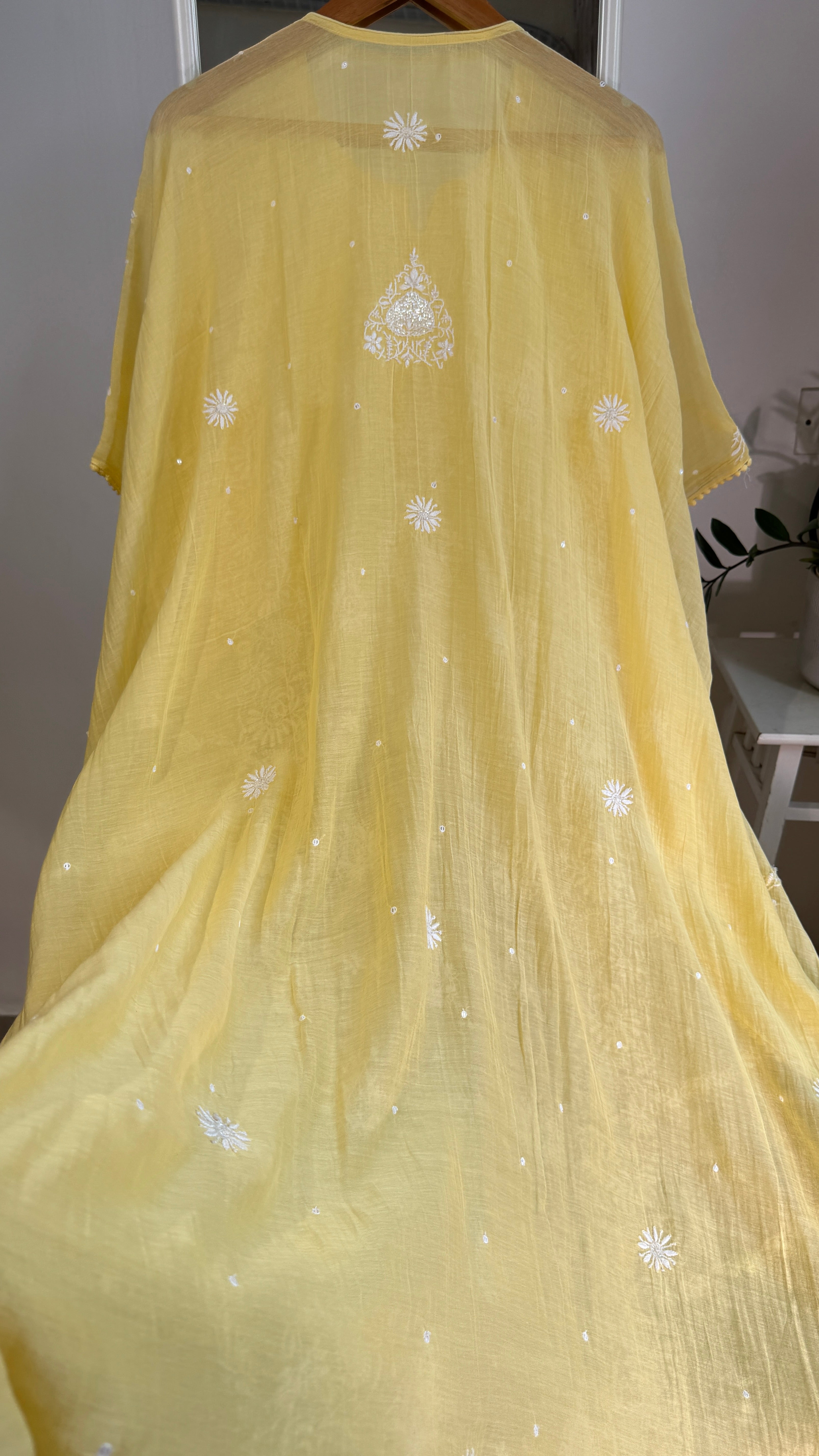 Mul Chanderi Chikankari Kaftan - Yellow