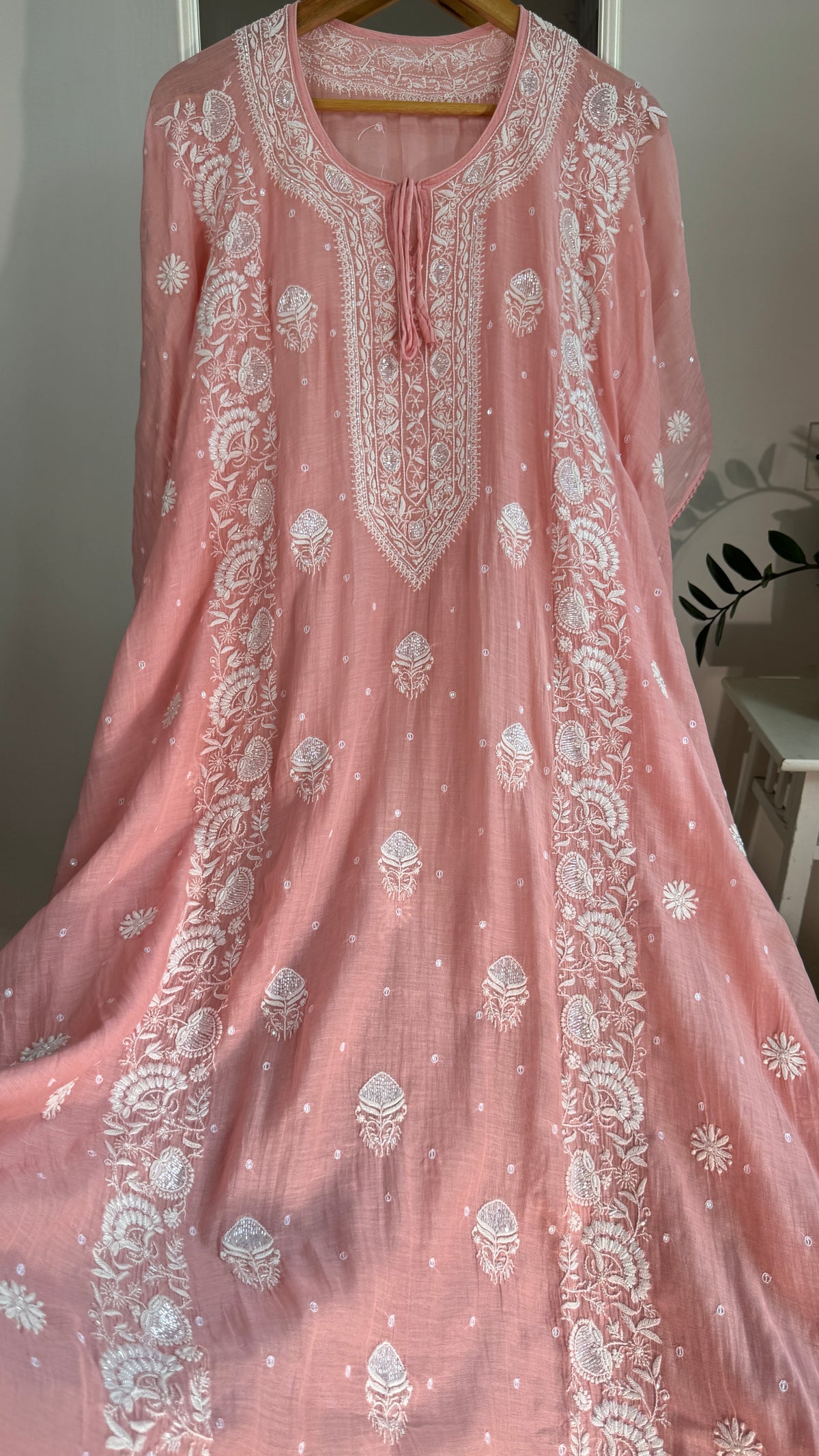 Mul Chanderi Chikankari Kaftan - Carrot pink