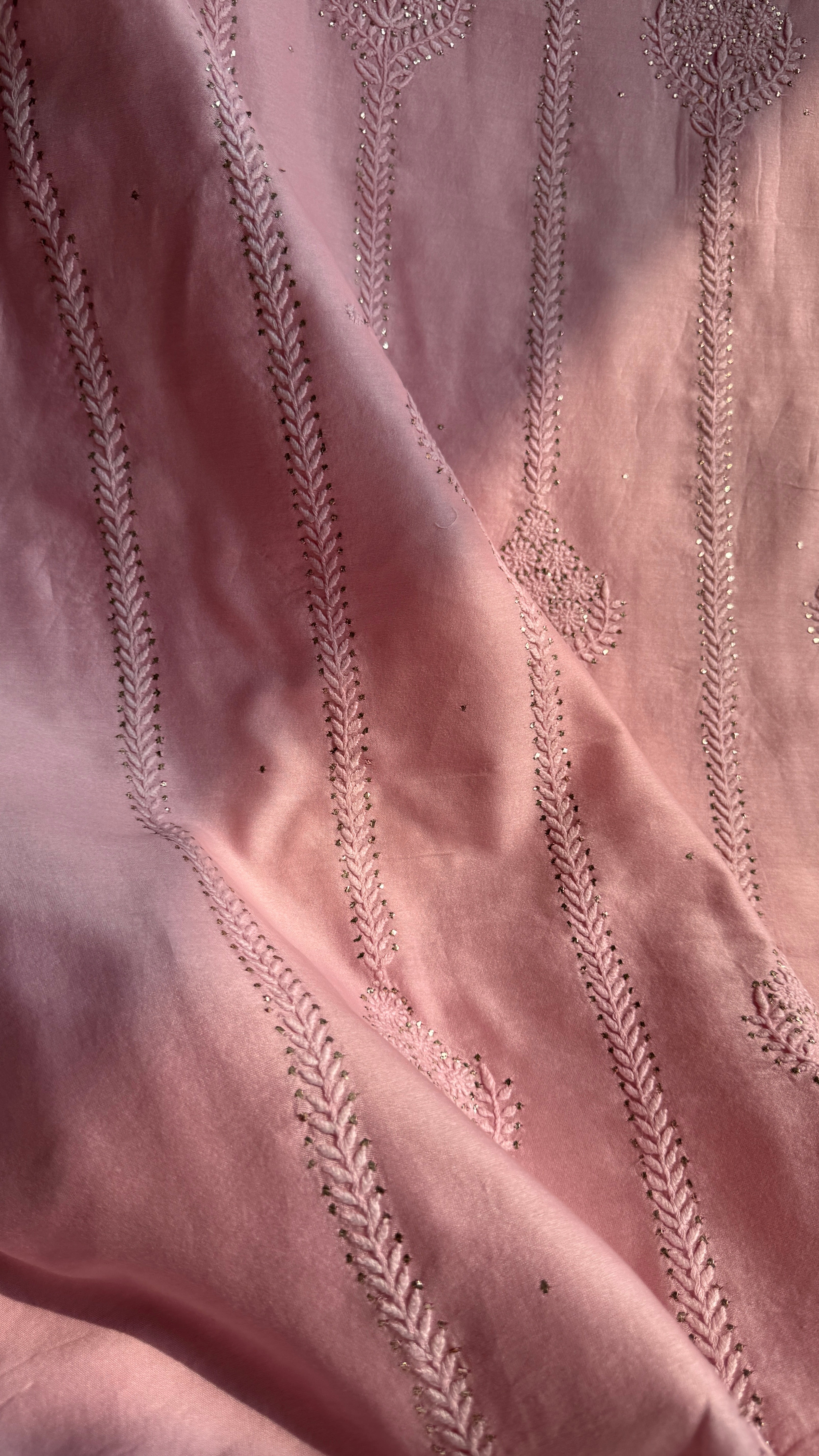 Chanderi Chikankari Length Mukaish with Dupatta - Pink