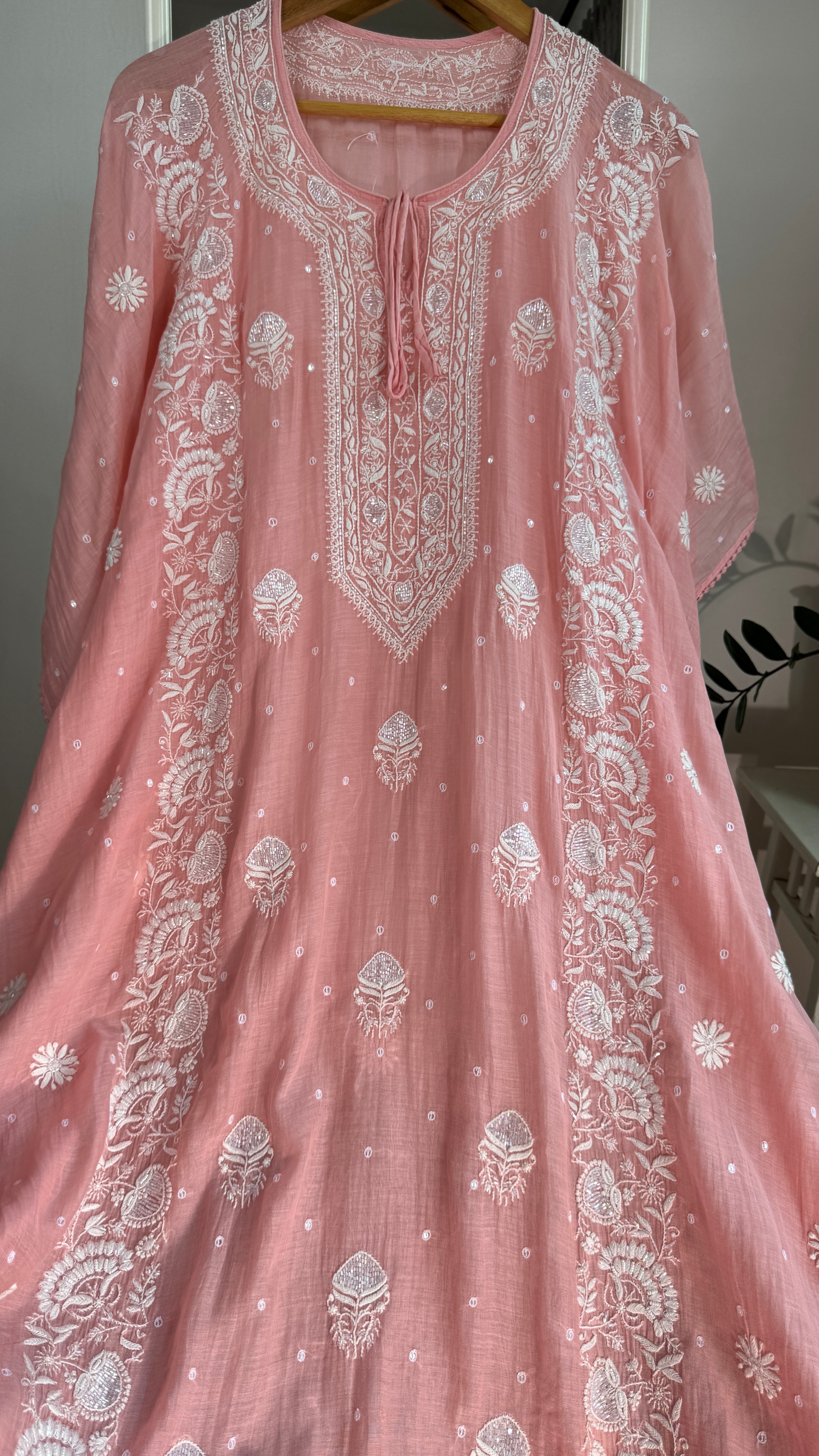 Mul Chanderi Chikankari Kaftan - Carrot pink