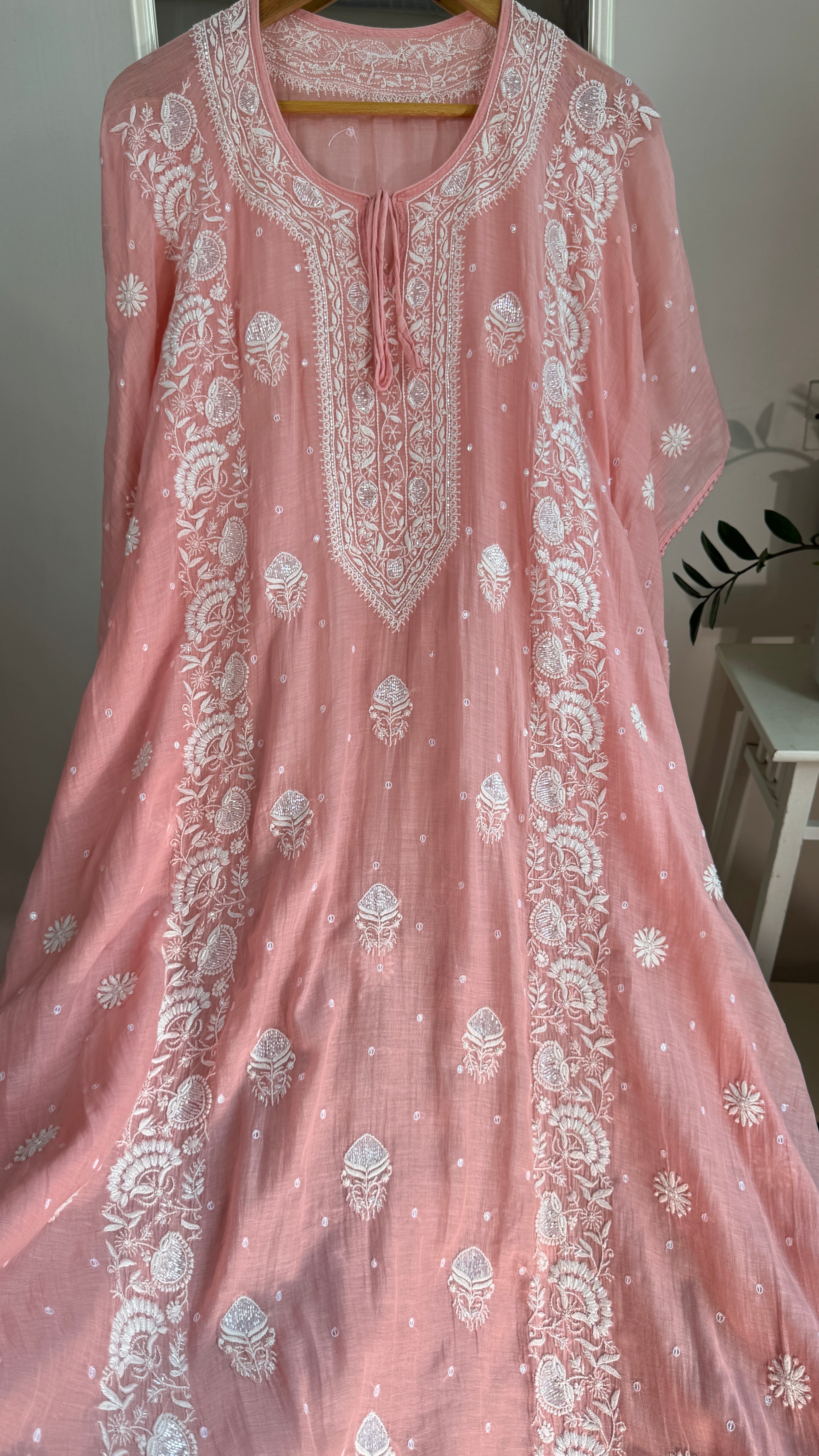 Mul Chanderi Chikankari Kaftan - Carrot pink