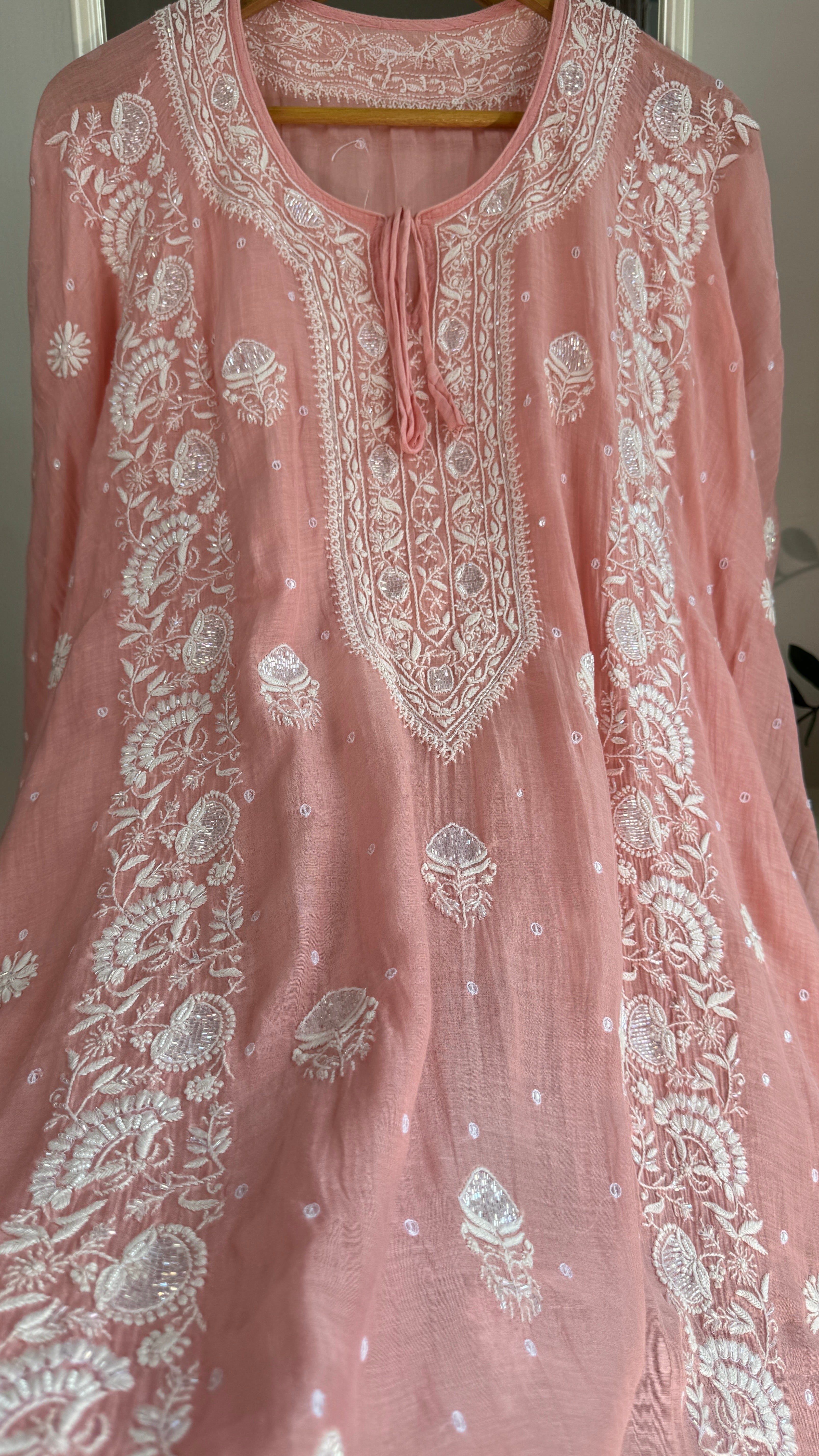 Mul Chanderi Chikankari Kaftan - Carrot pink