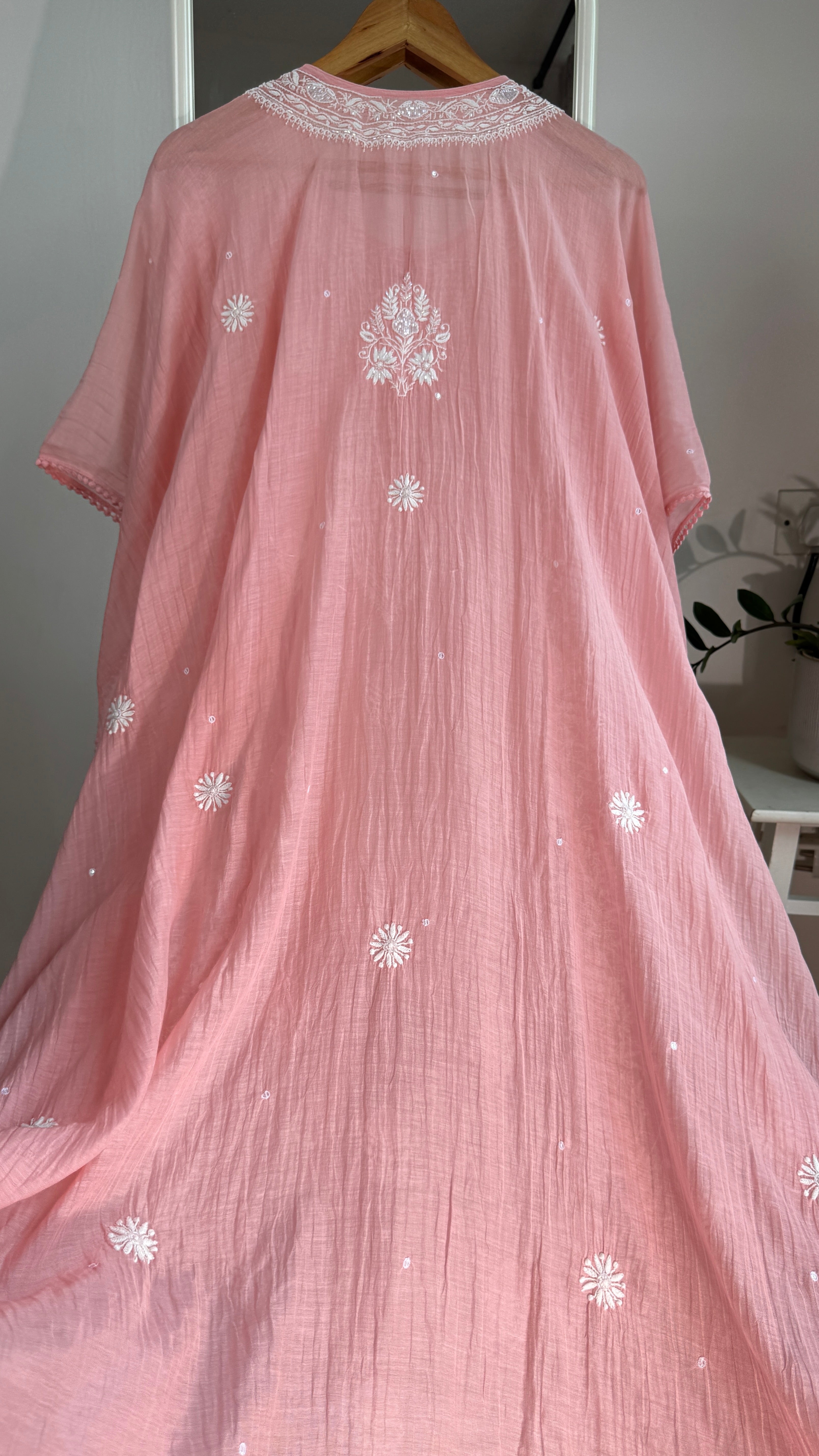 Mul Chanderi Chikankari Kaftan - Carrot pink