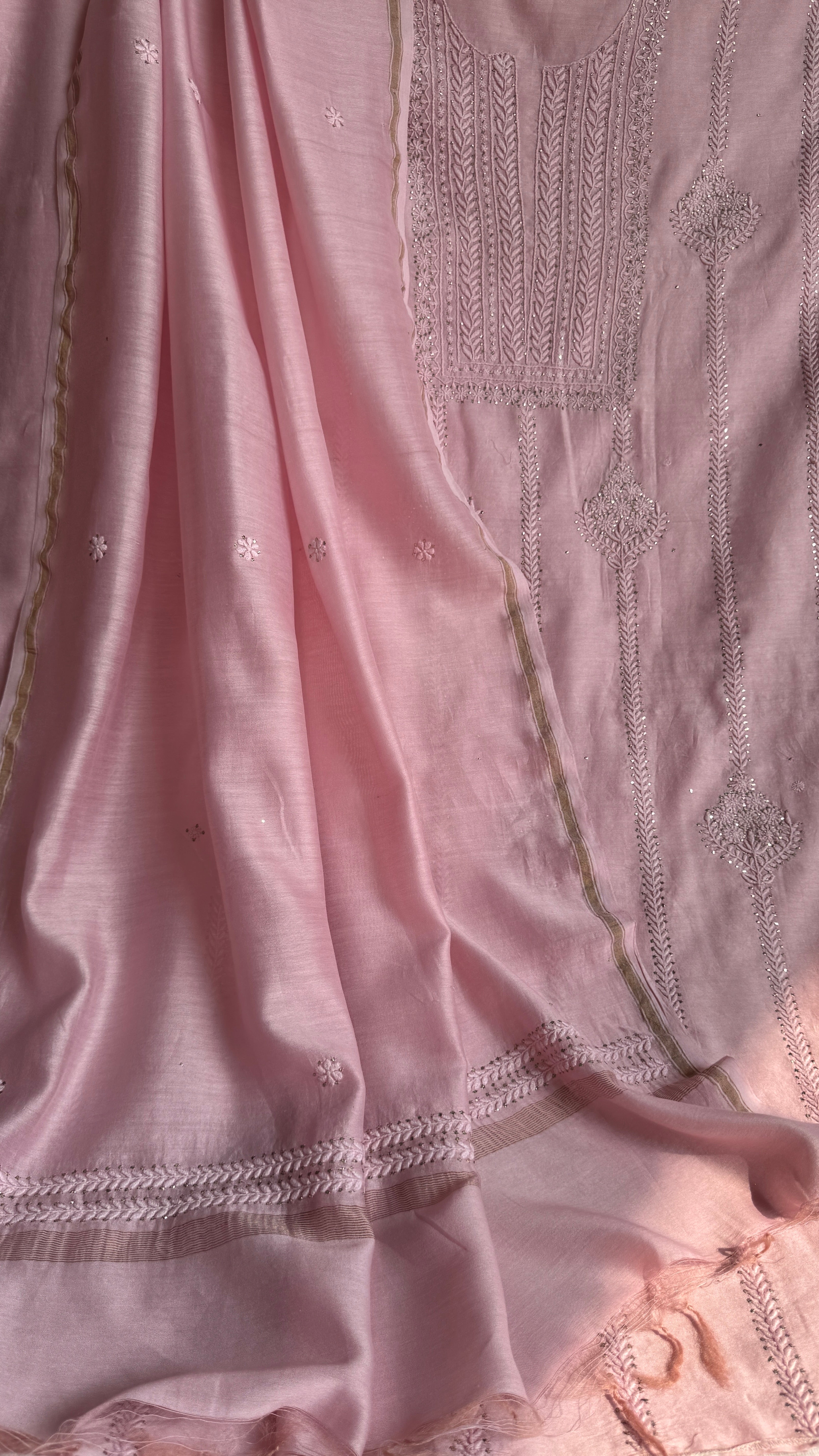 Chanderi Chikankari Length Mukaish with Dupatta - Pink