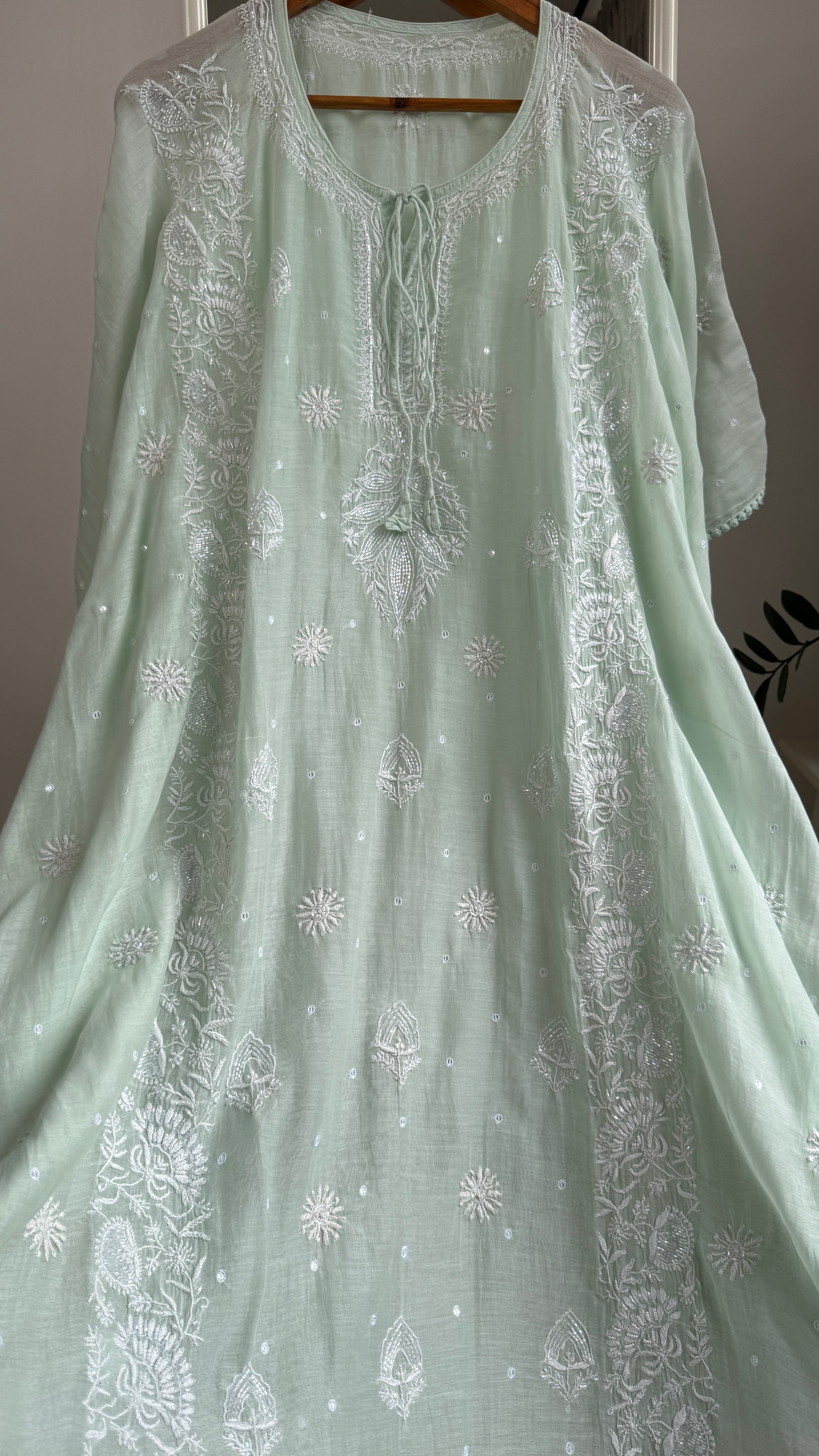 Mul Chanderi Chikankari Kaftan - Green