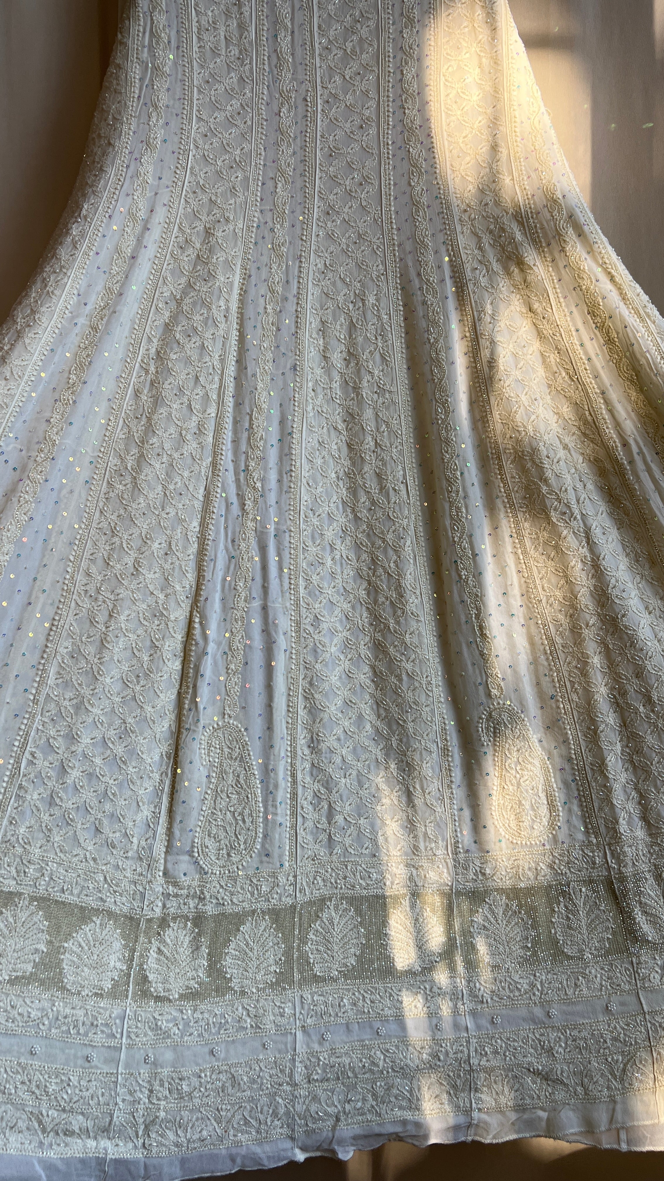 Viscose Anarkali - Semi Stitched - Pearl Work - Ivory Pistachio Green