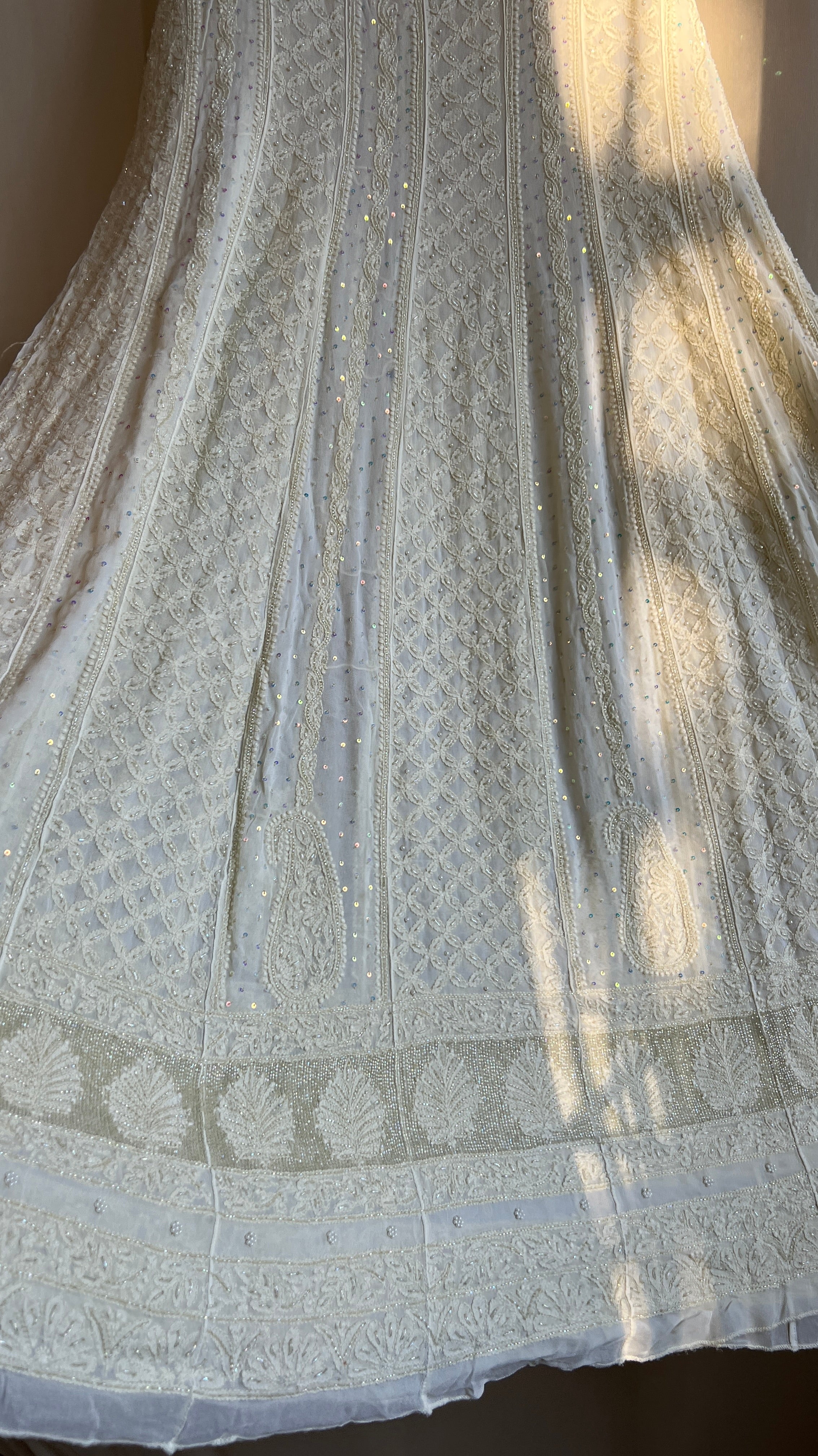 Viscose Anarkali - Semi Stitched - Pearl Work - Ivory Pistachio Green