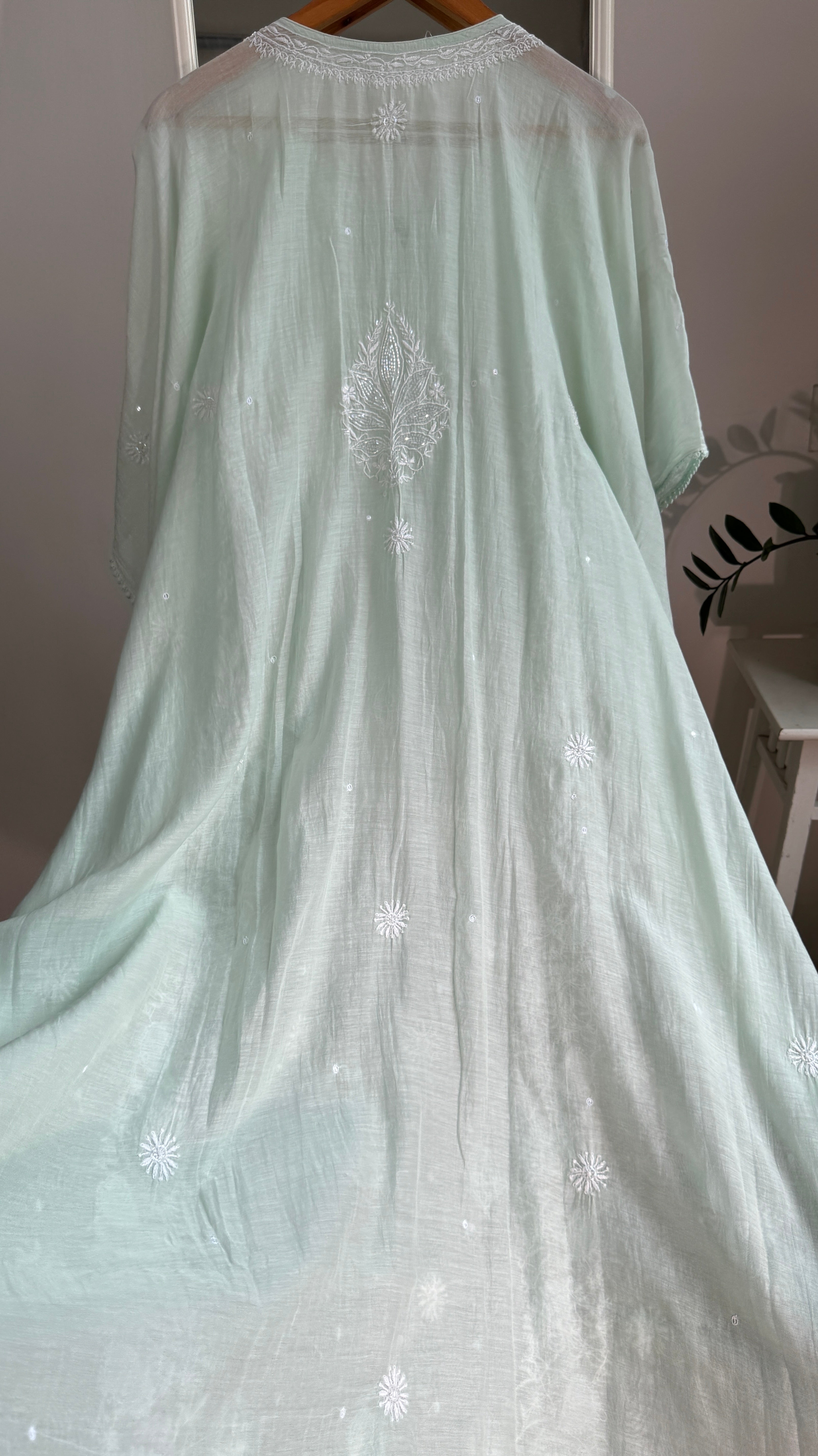 Mul Chanderi Chikankari Kaftan - Green