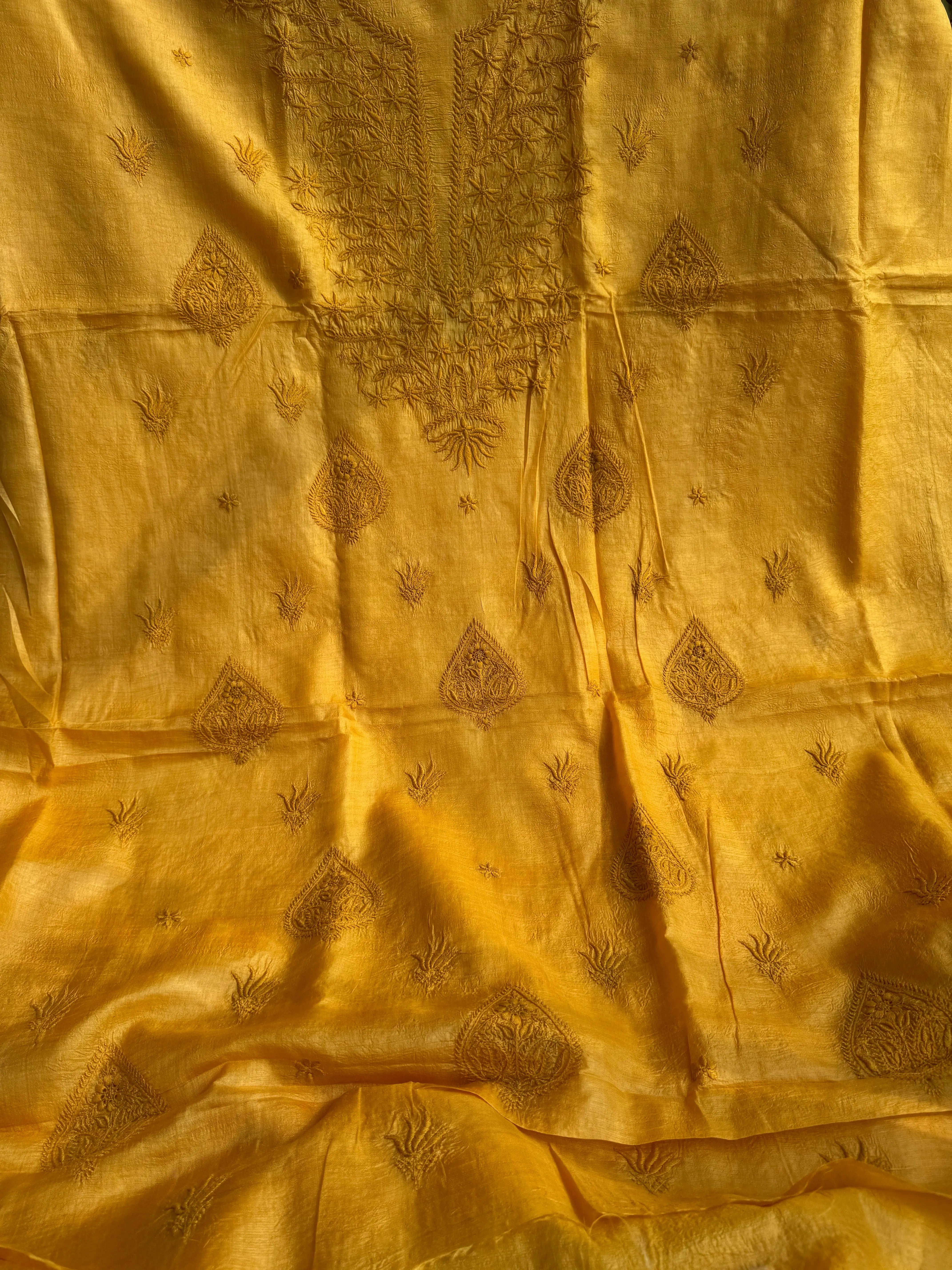 Pure Tussar Silk Chikankari Length with Dupatta - Mustard yellow ARIAA CHIKANKARI