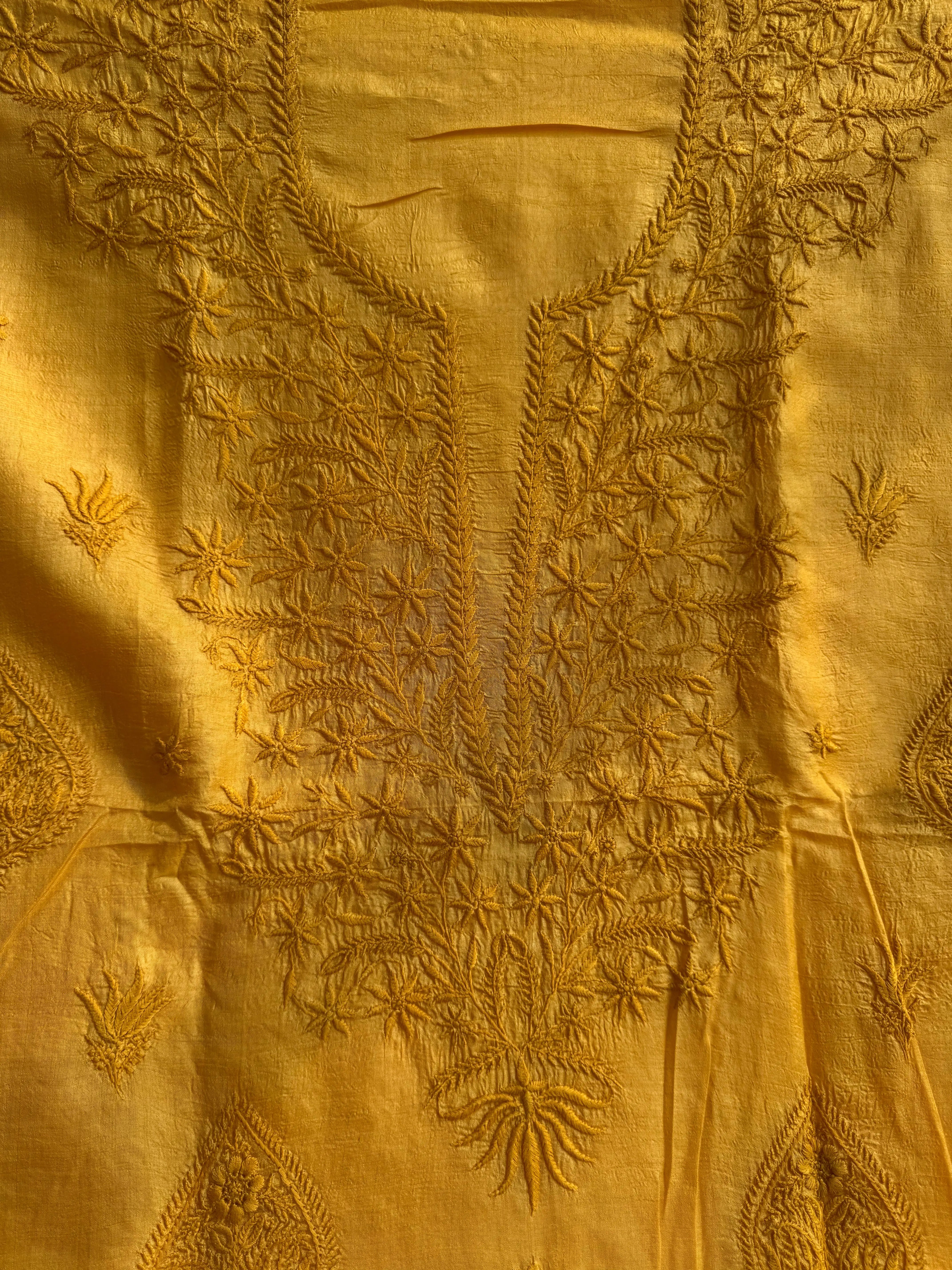 Pure Tussar Silk Chikankari Length with Dupatta - Mustard yellow ARIAA CHIKANKARI