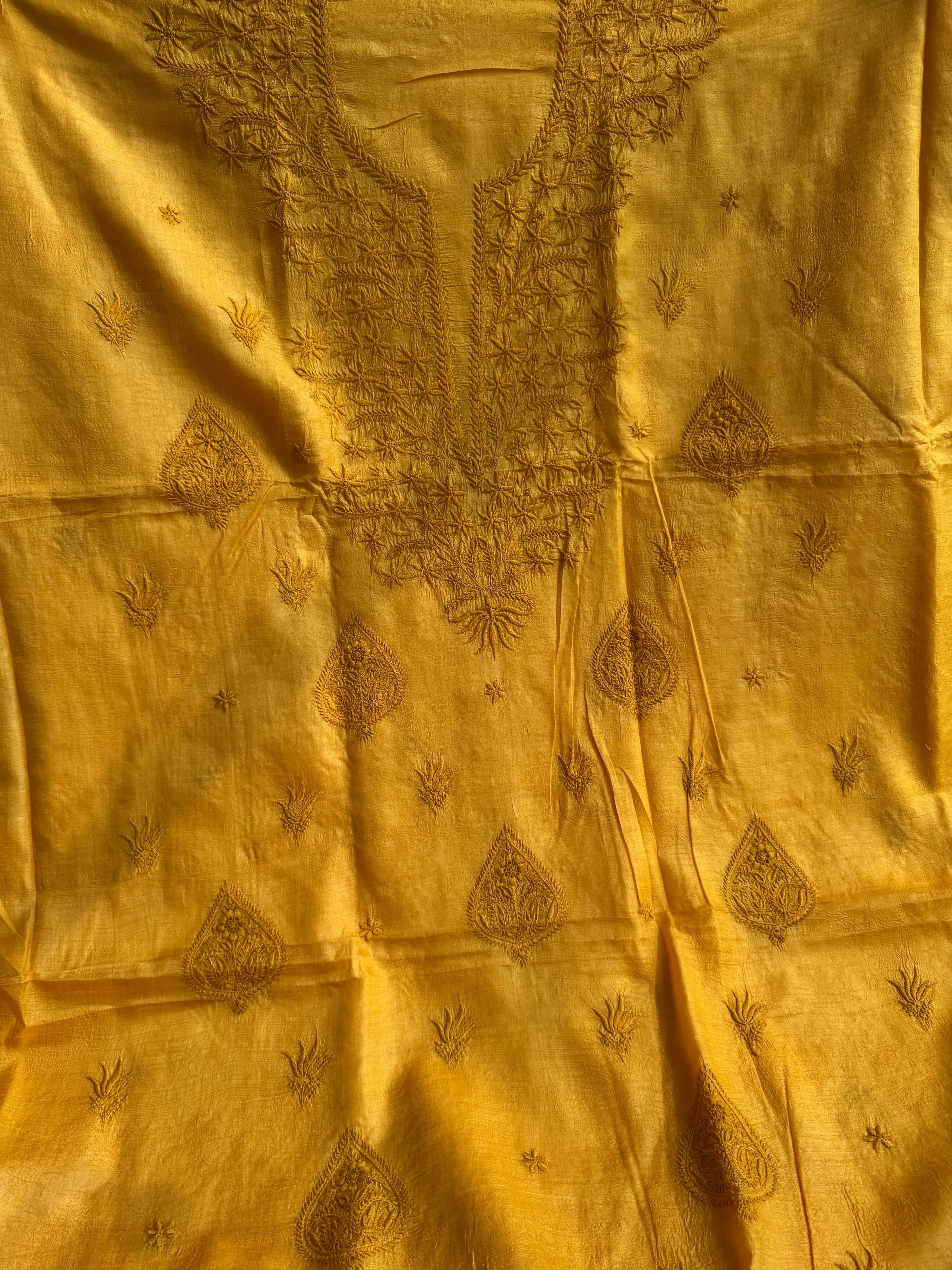 Pure Tussar Silk Chikankari Length with Dupatta - Mustard yellow ARIAA CHIKANKARI