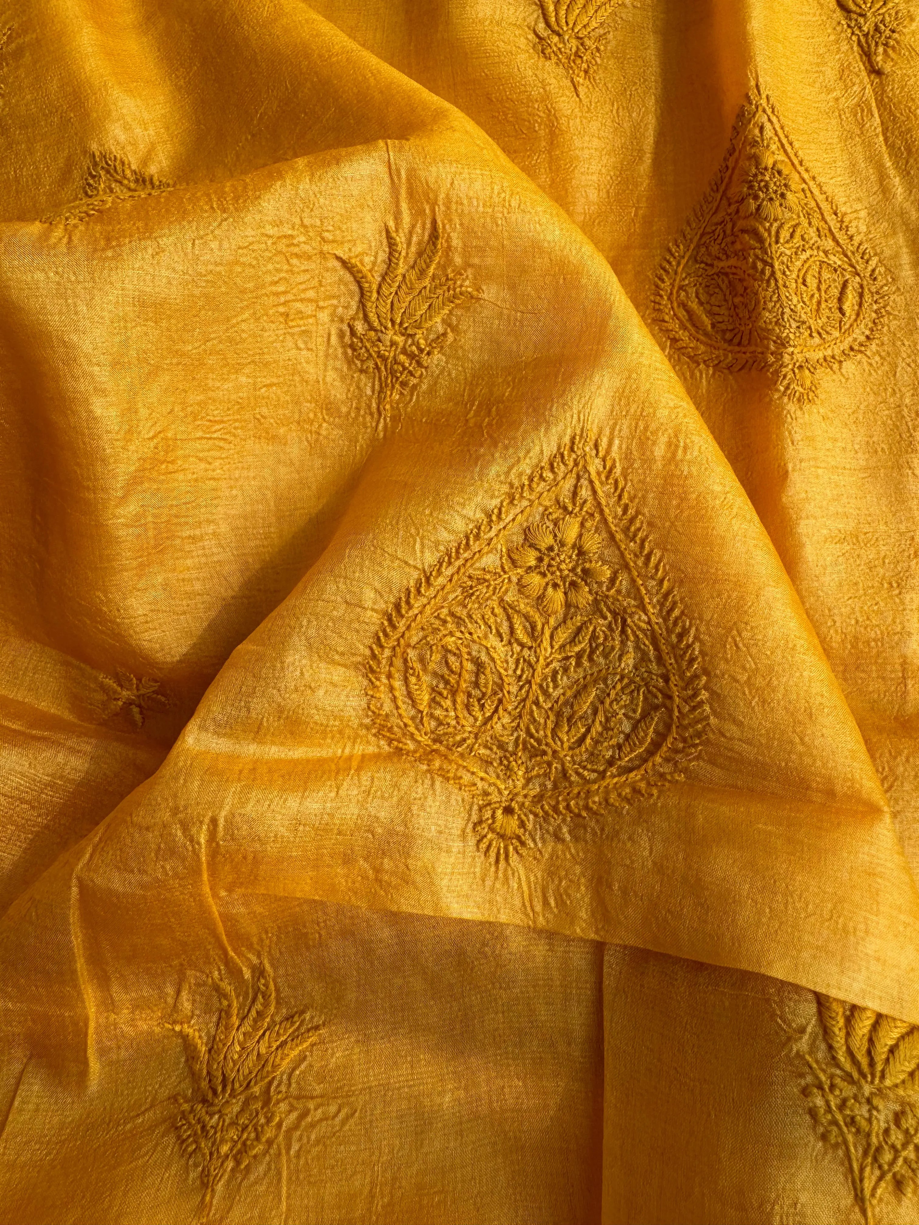 Pure Tussar Silk Chikankari Length with Dupatta - Mustard yellow ARIAA CHIKANKARI