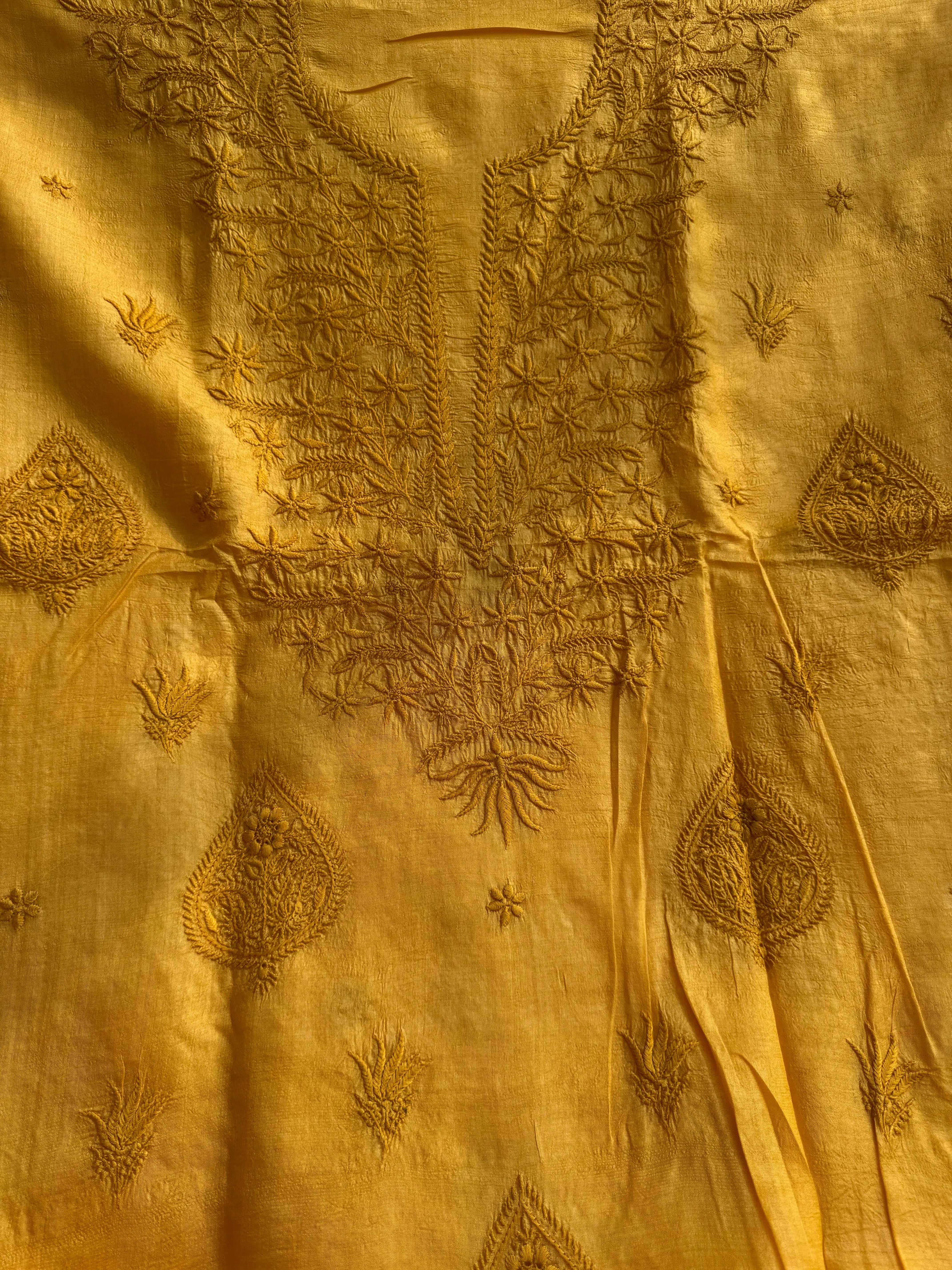 Pure Tussar Silk Chikankari Length with Dupatta - Mustard yellow ARIAA CHIKANKARI