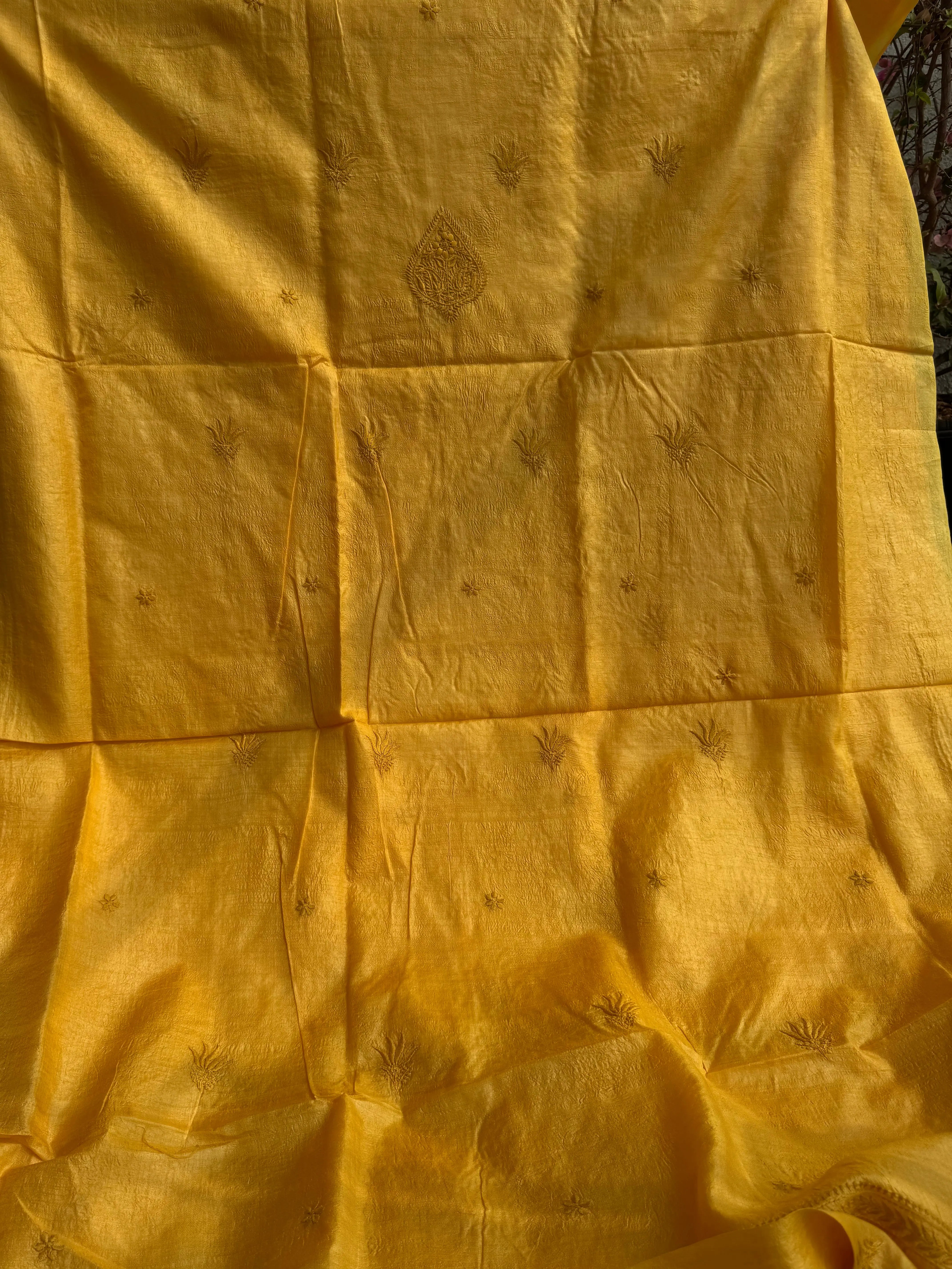 Pure Tussar Silk Chikankari Length with Dupatta - Mustard yellow ARIAA CHIKANKARI