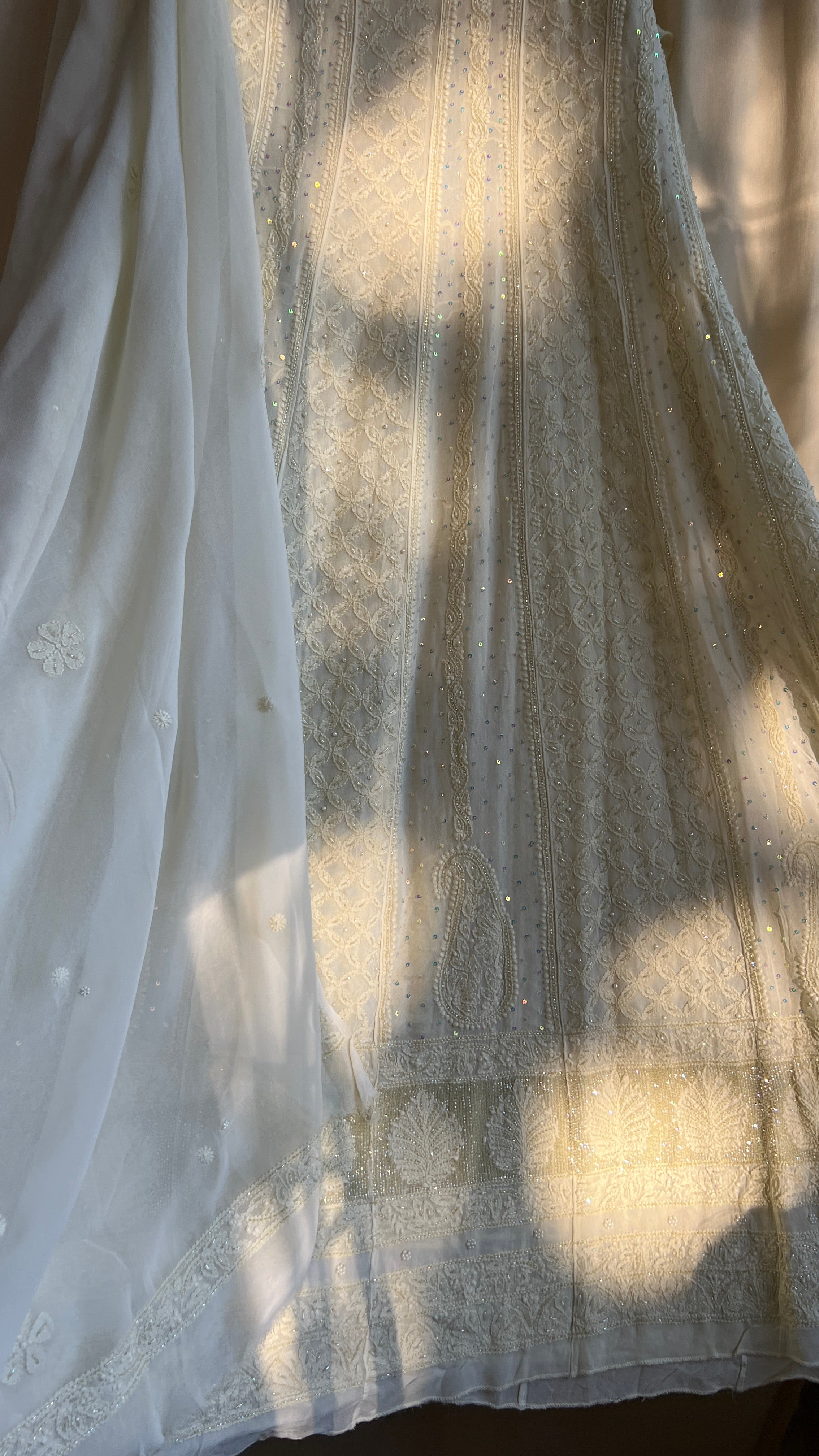 Viscose Anarkali - Semi Stitched - Pearl Work - Ivory Pistachio Green