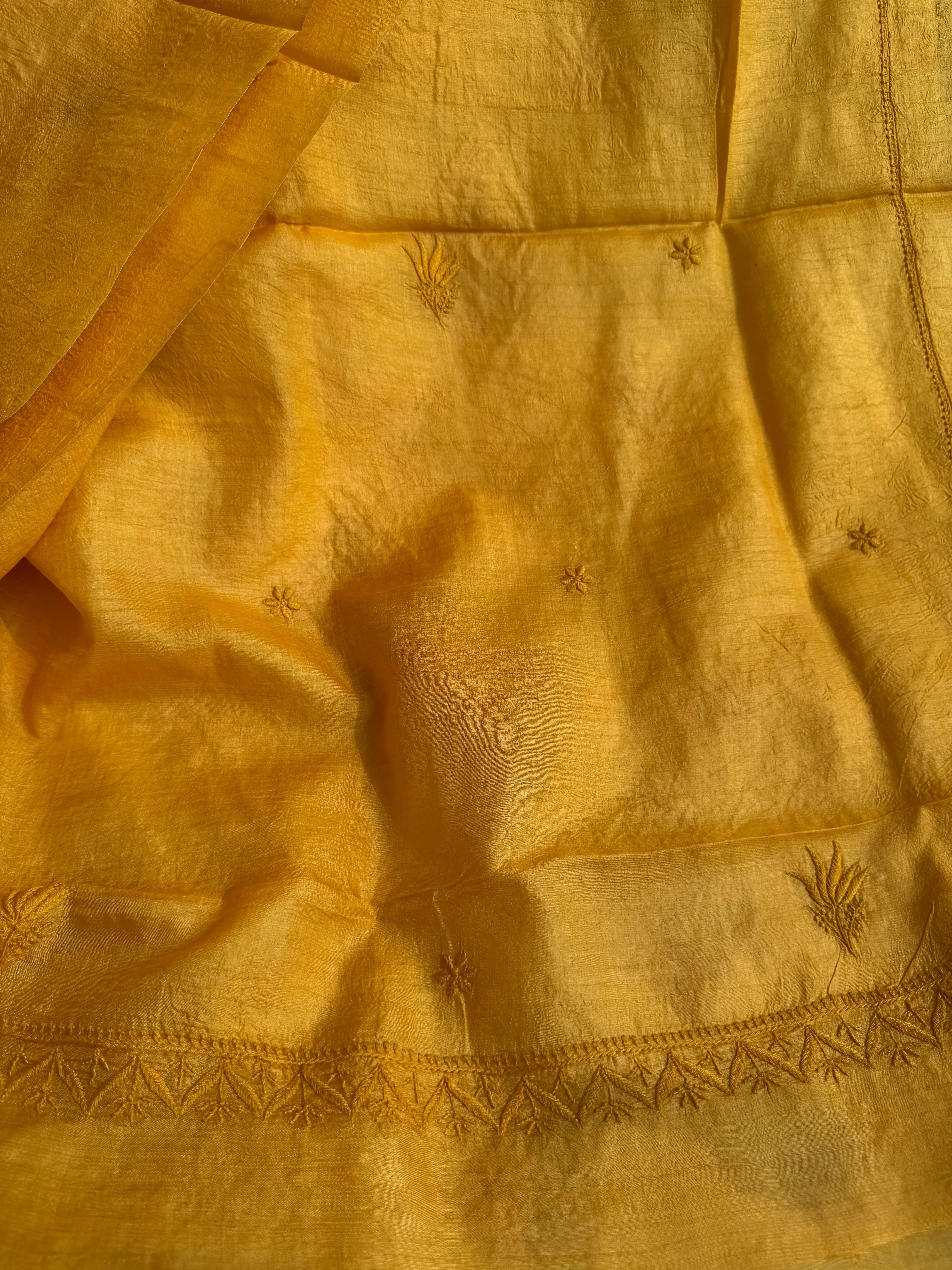 Pure Tussar Silk Chikankari Length with Dupatta - Mustard yellow ARIAA CHIKANKARI