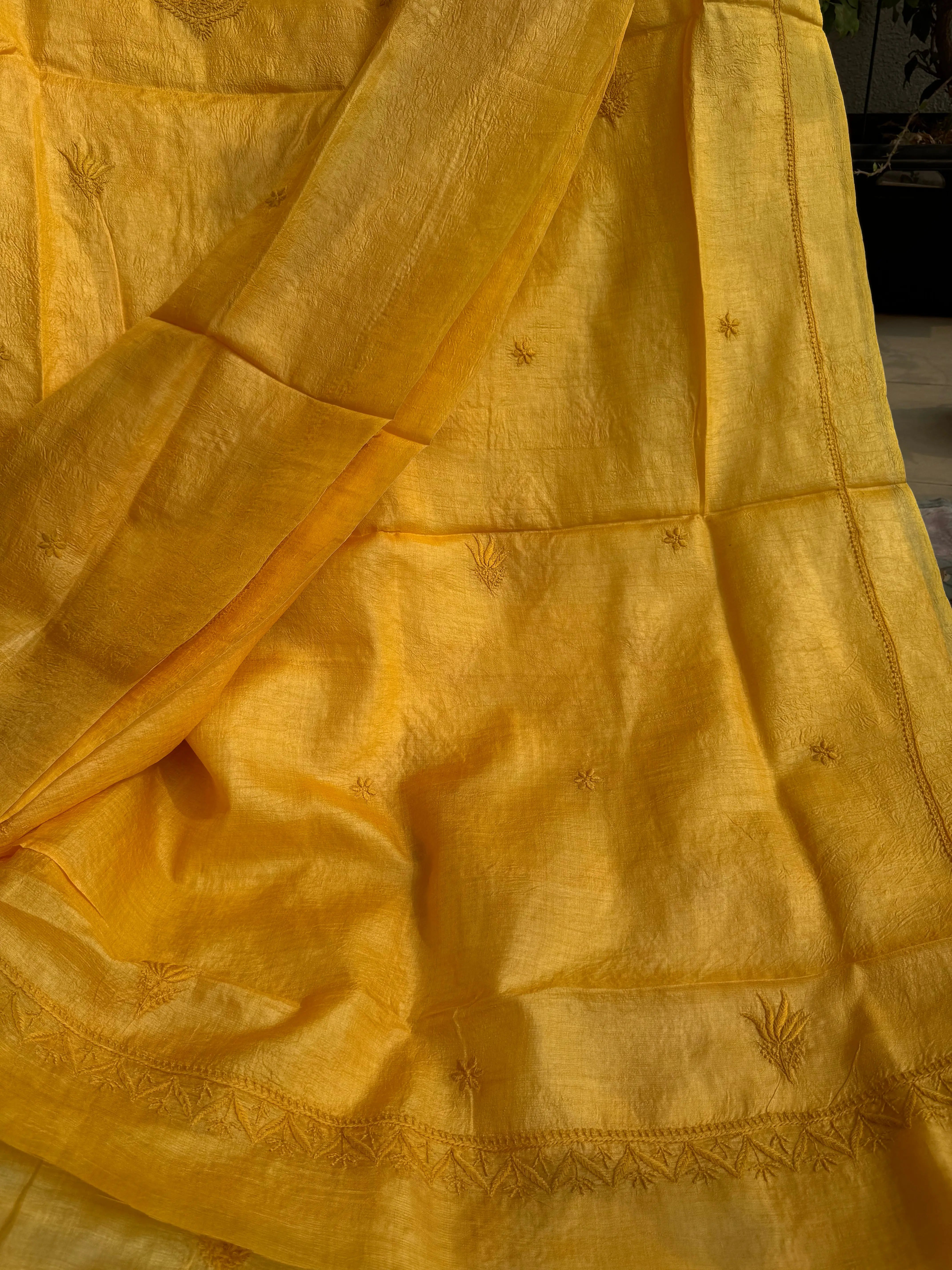 Pure Tussar Silk Chikankari Length with Dupatta - Mustard yellow ARIAA CHIKANKARI