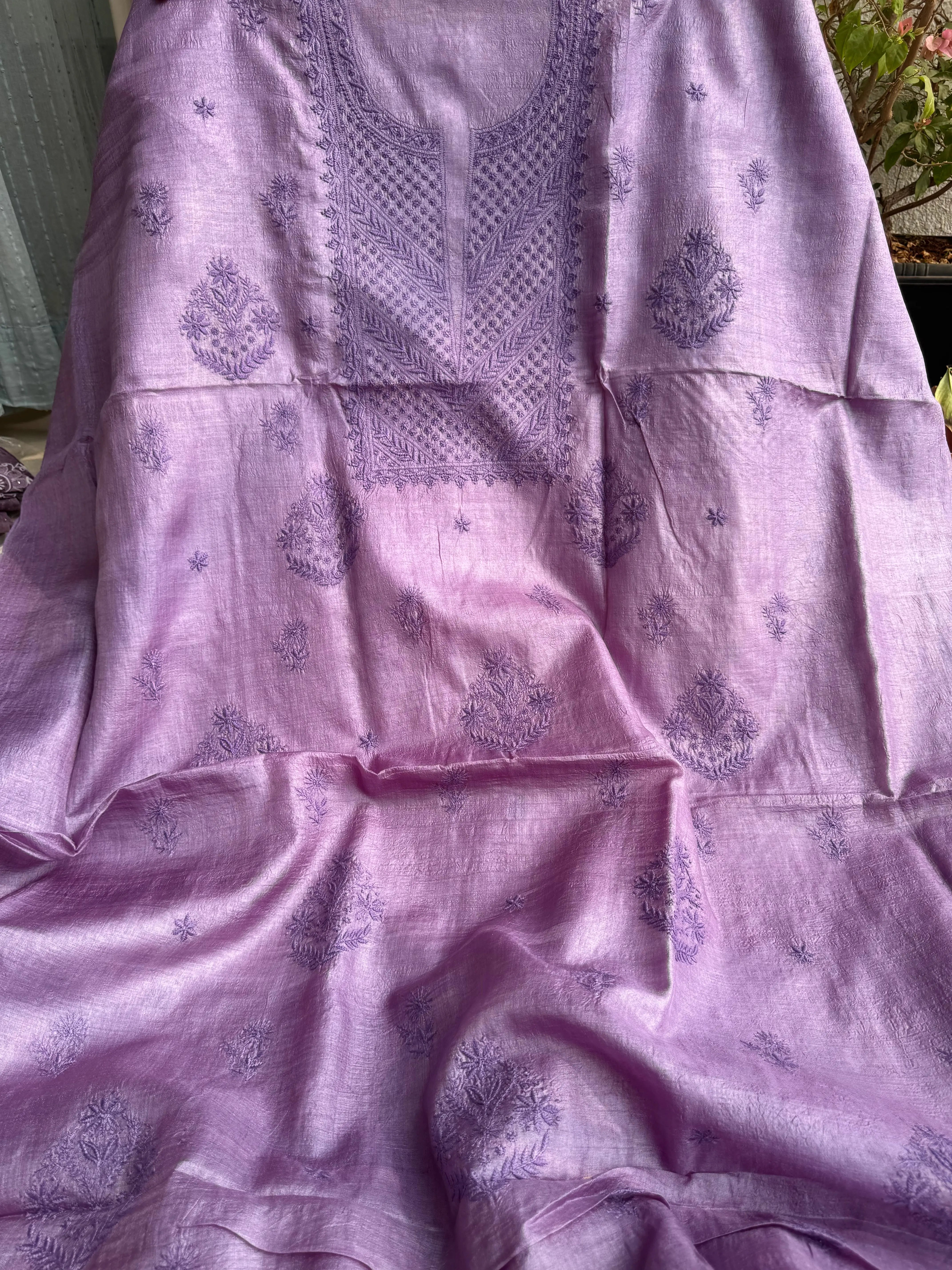 Pure Tussar Silk Chikankari Length with Dupatta - Purple ARIAA CHIKANKARI