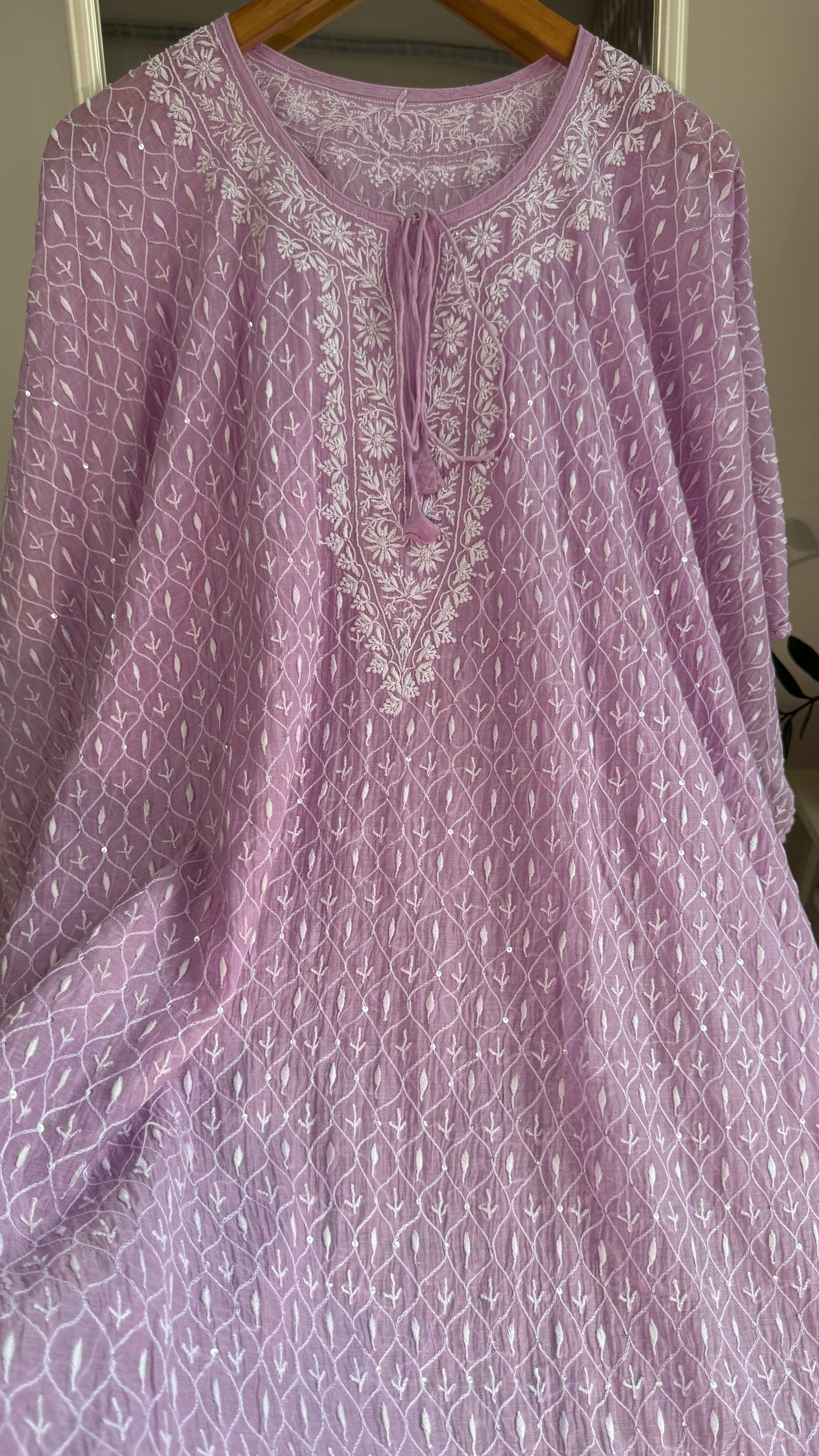 Mul Chanderi Chikankari Kaftan - Lilac