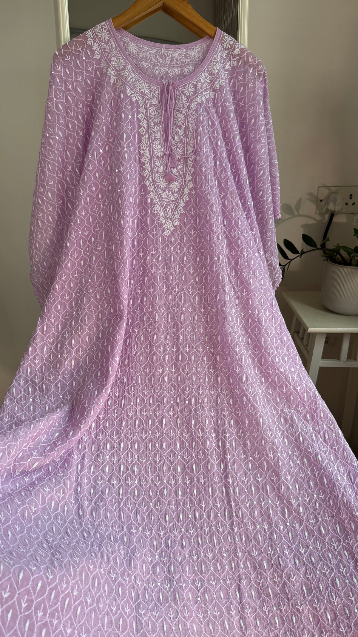 Mul Chanderi Chikankari Kaftan - Lilac