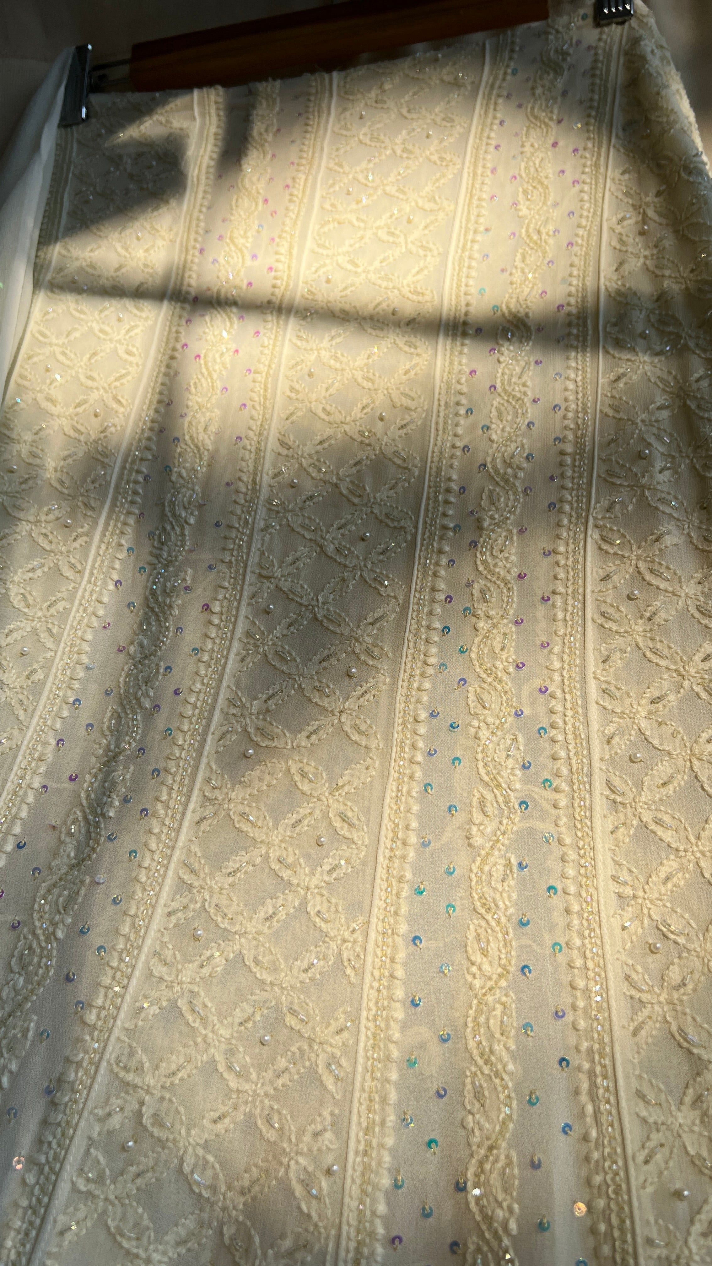 Viscose Anarkali - Semi Stitched - Pearl Work - Ivory Pistachio Green