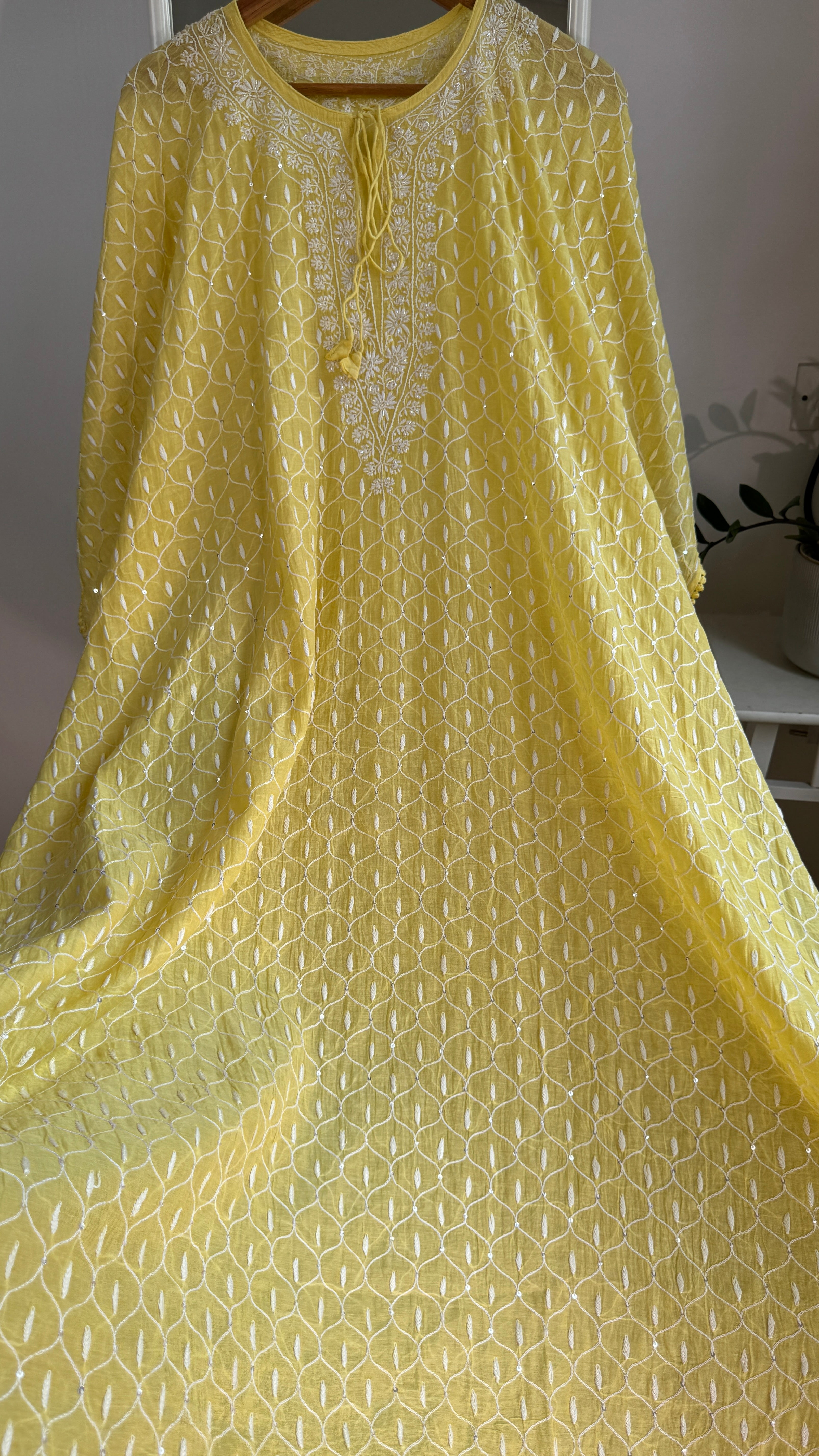 Mul Chanderi Chikankari Kaftan -Yellow