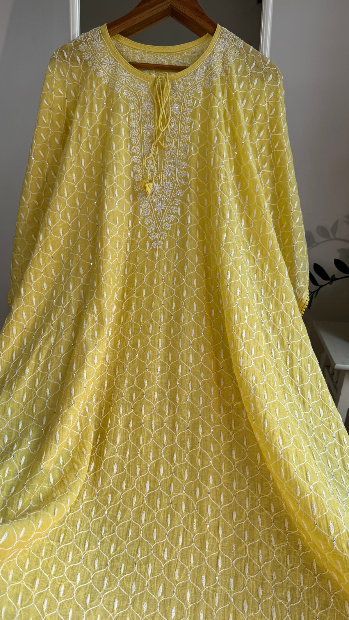Mul Chanderi Chikankari Kaftan -Yellow