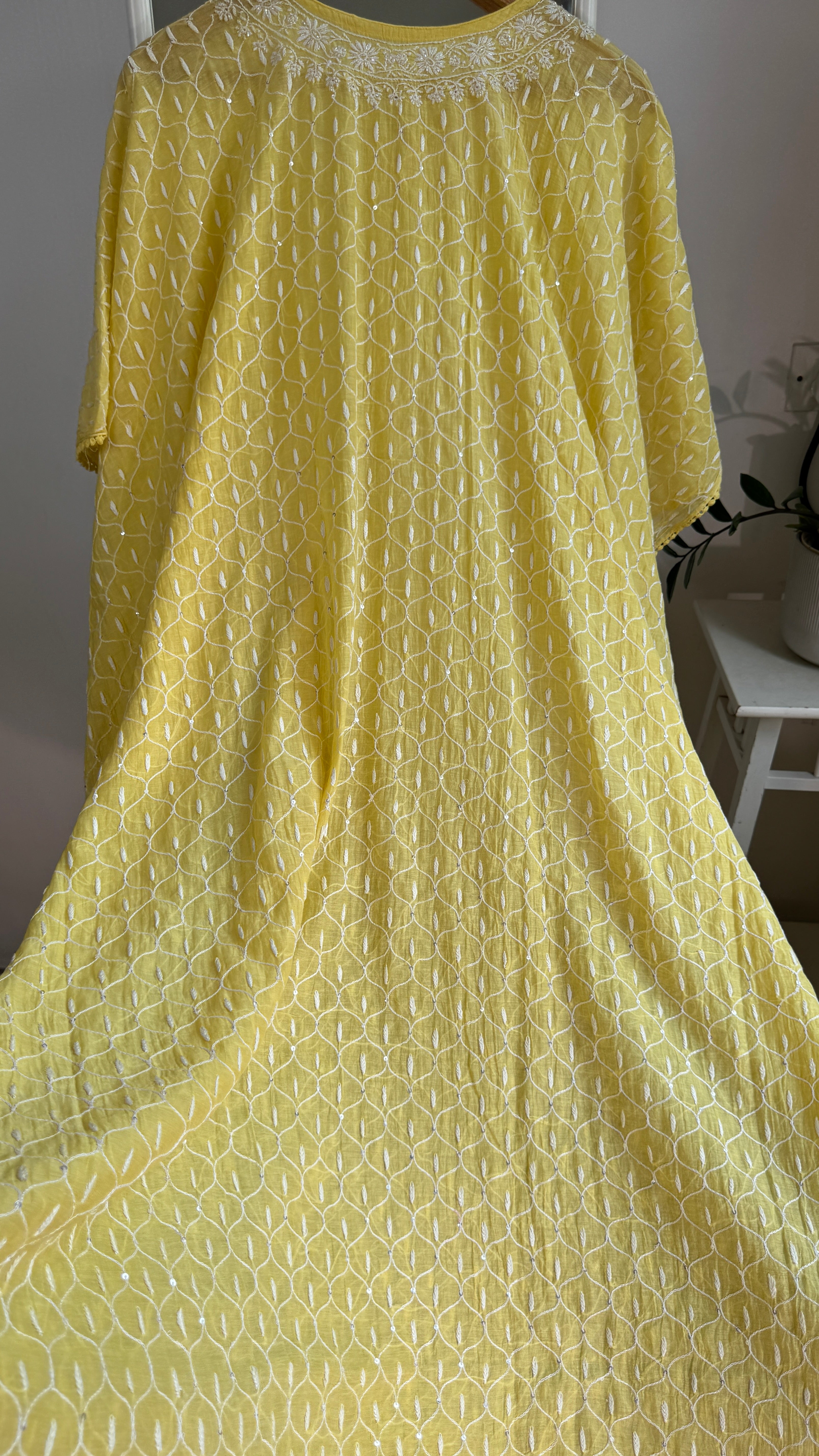 Mul Chanderi Chikankari Kaftan -Yellow