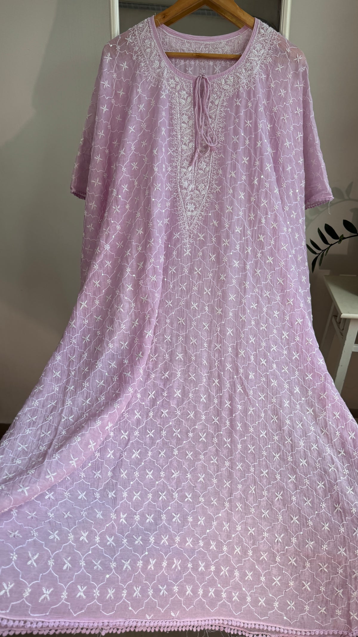 Mul Chanderi Chikankari Kaftan -Lilac