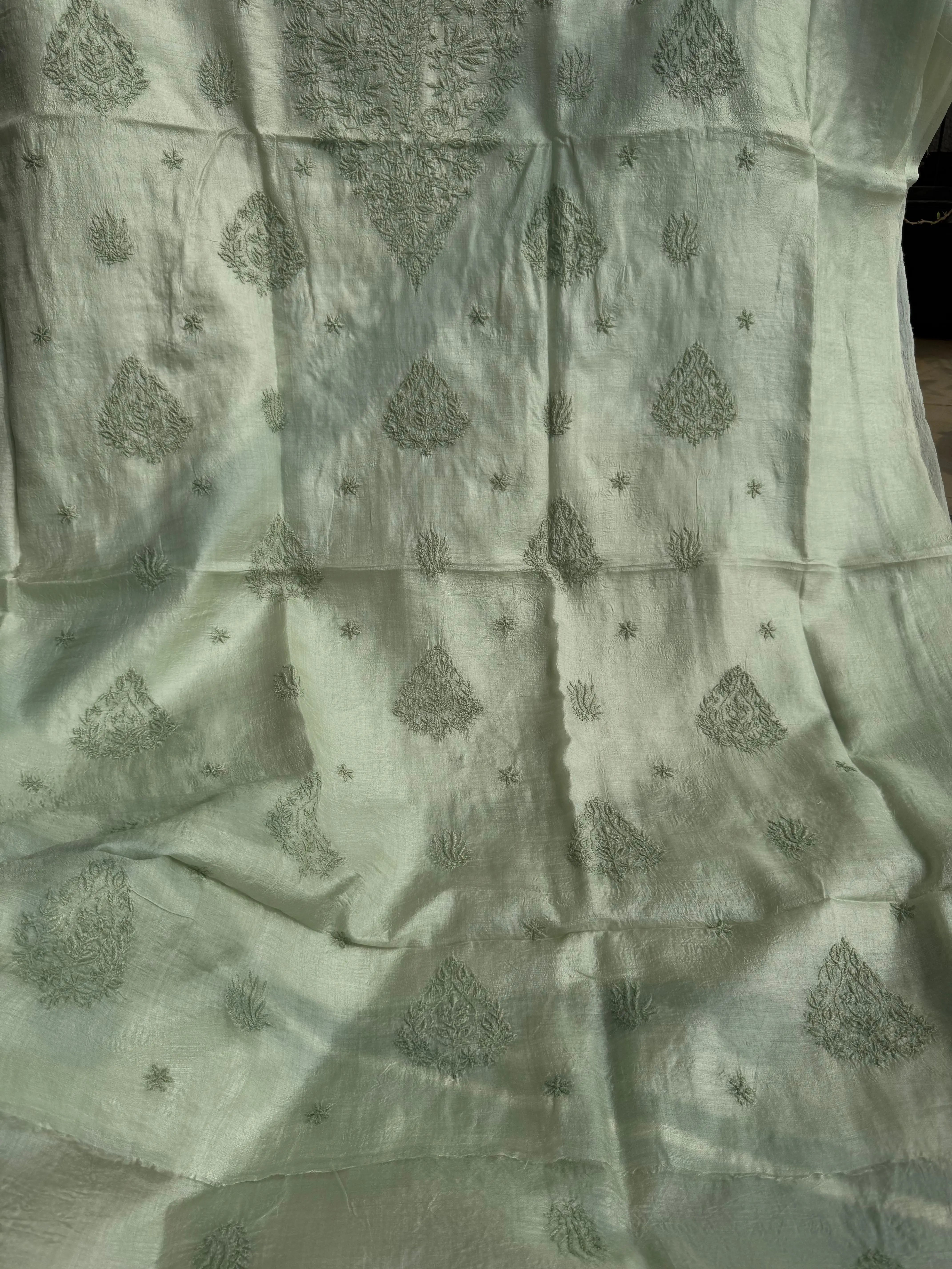 Pure Tussar Silk Chikankari Length with Dupatta - Sage Green ARIAA CHIKANKARI