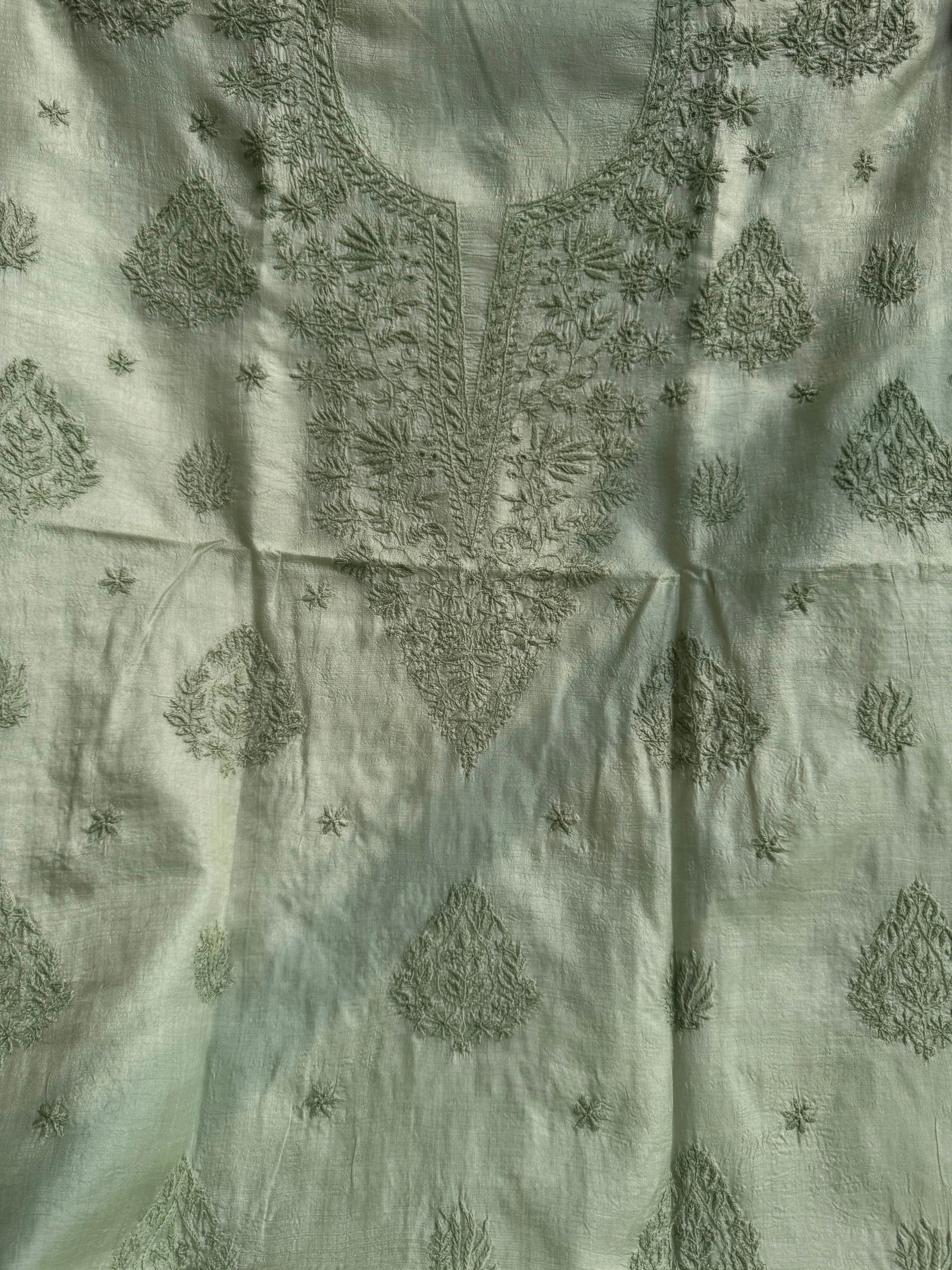 Pure Tussar Silk Chikankari Length with Dupatta - Sage Green ARIAA CHIKANKARI
