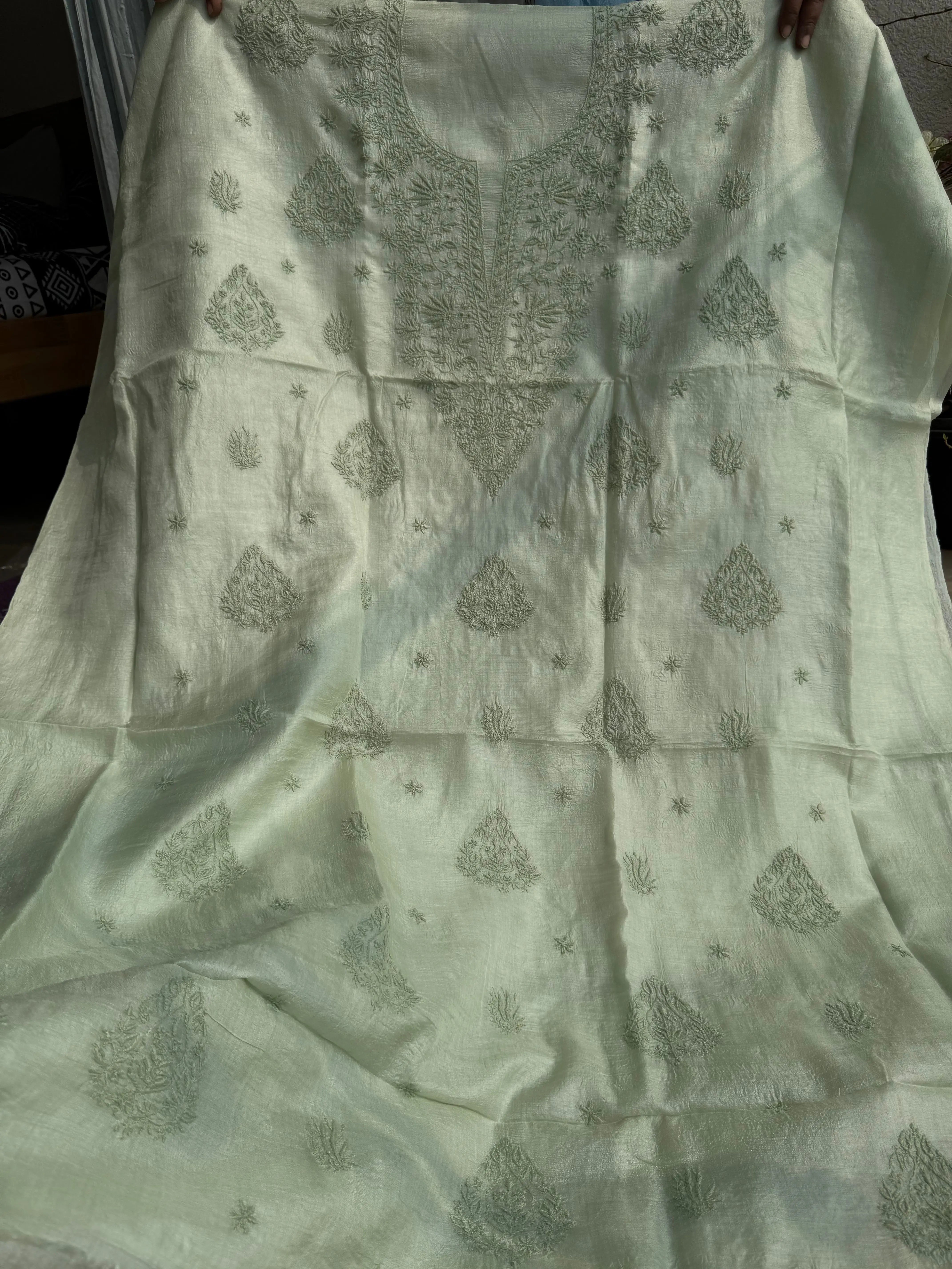 Pure Tussar Silk Chikankari Length with Dupatta - Sage Green ARIAA CHIKANKARI