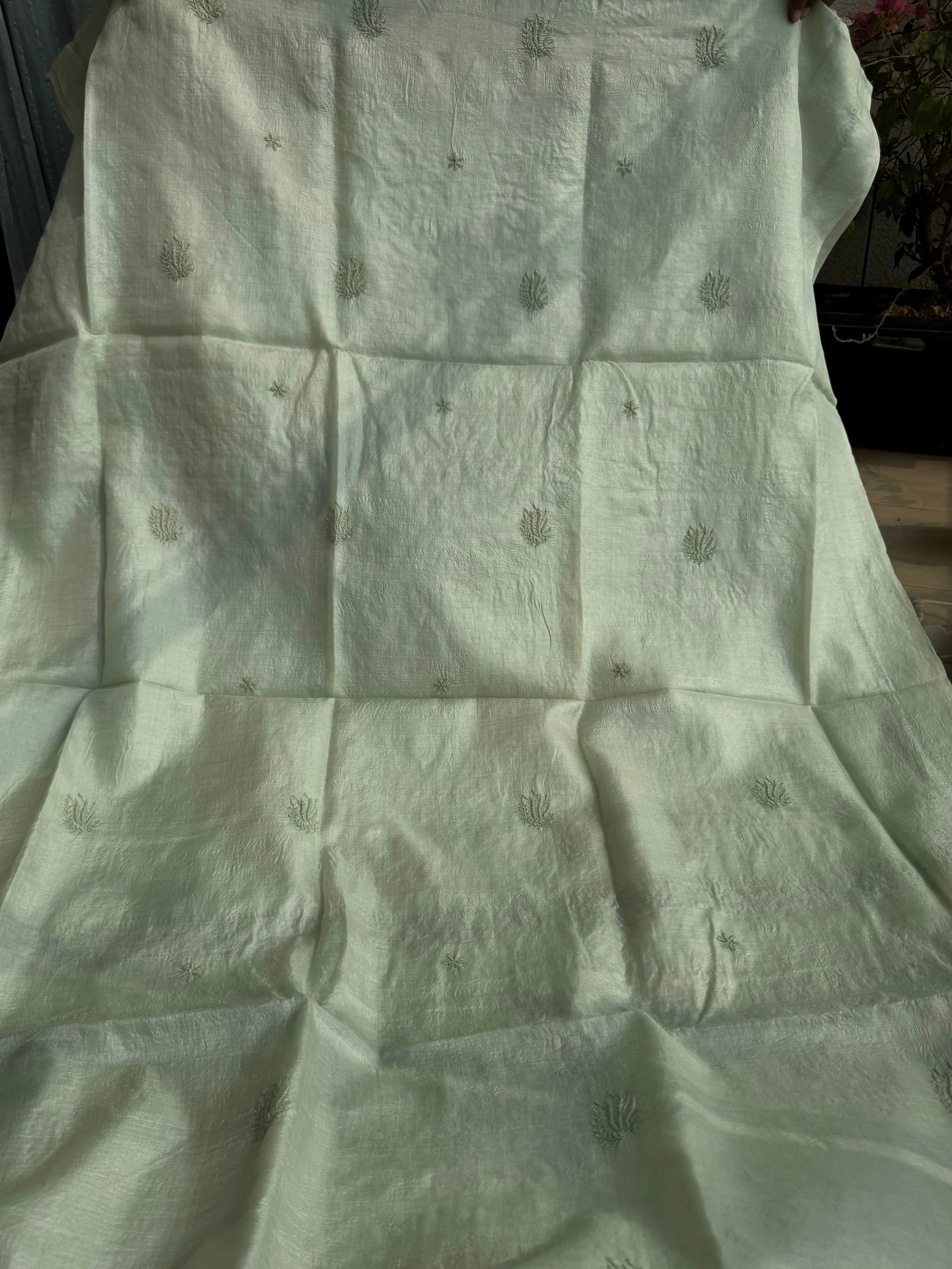 Pure Tussar Silk Chikankari Length with Dupatta - Sage Green ARIAA CHIKANKARI