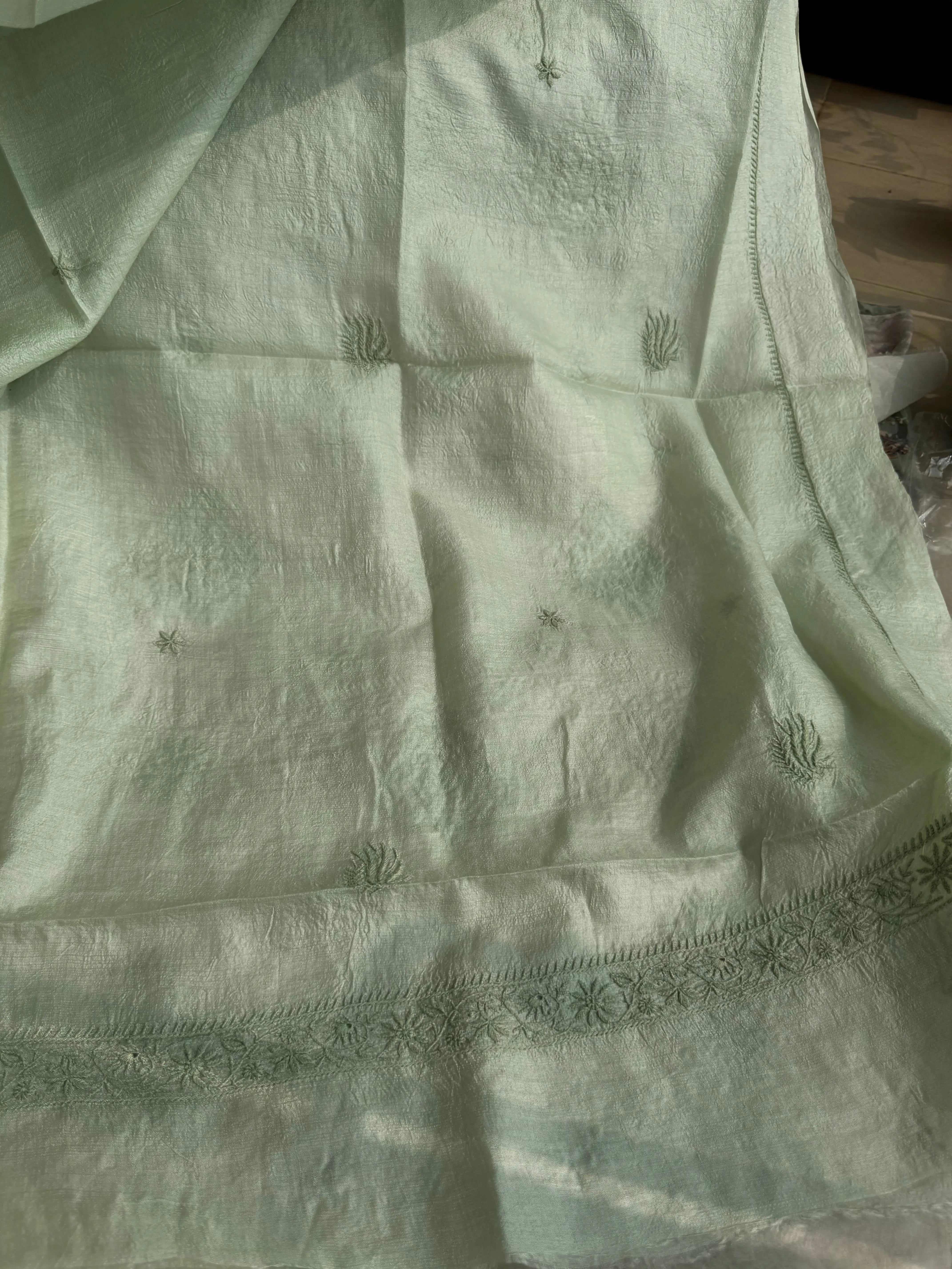 Pure Tussar Silk Chikankari Length with Dupatta - Sage Green ARIAA CHIKANKARI
