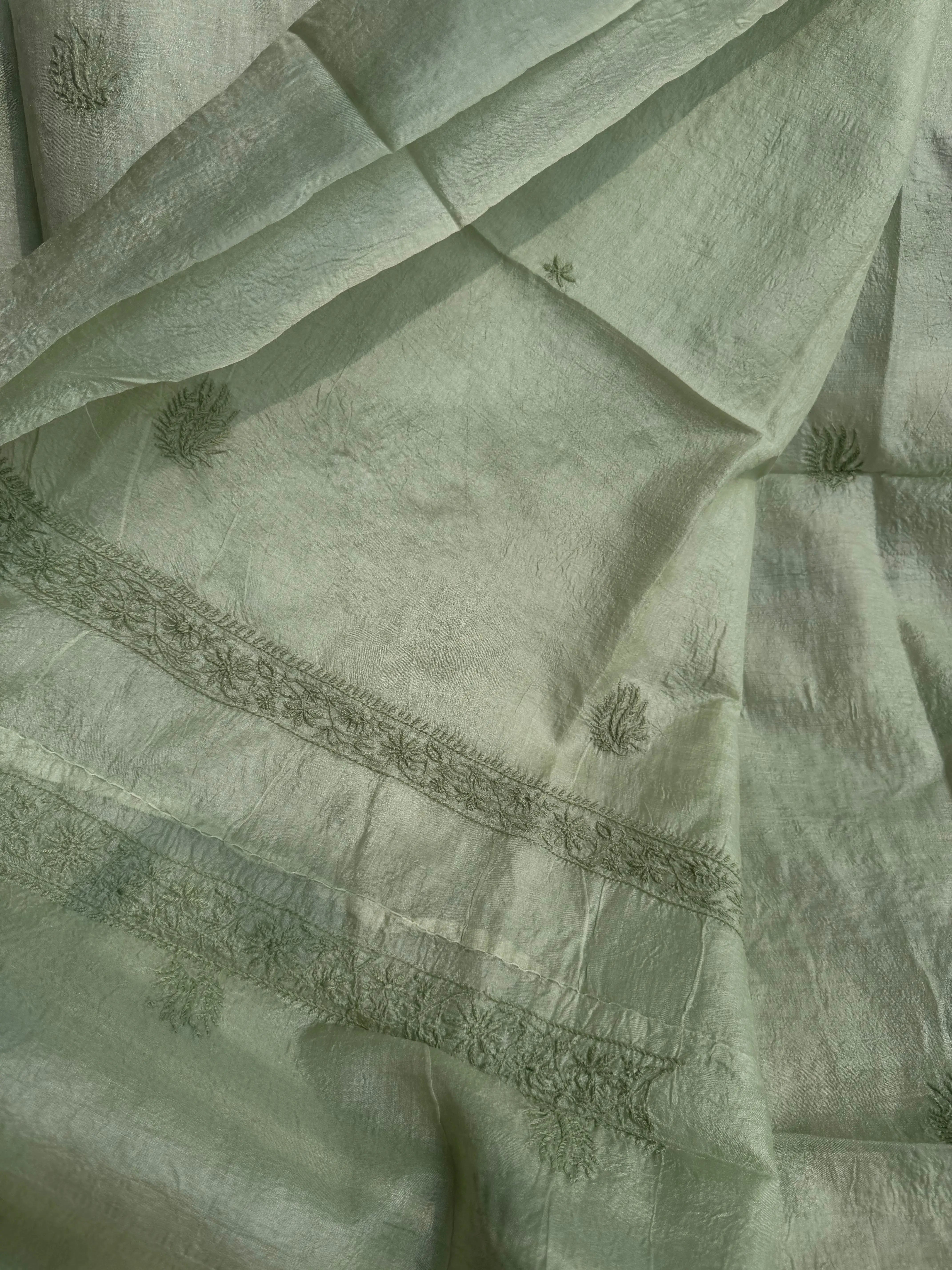 Pure Tussar Silk Chikankari Length with Dupatta - Sage Green ARIAA CHIKANKARI