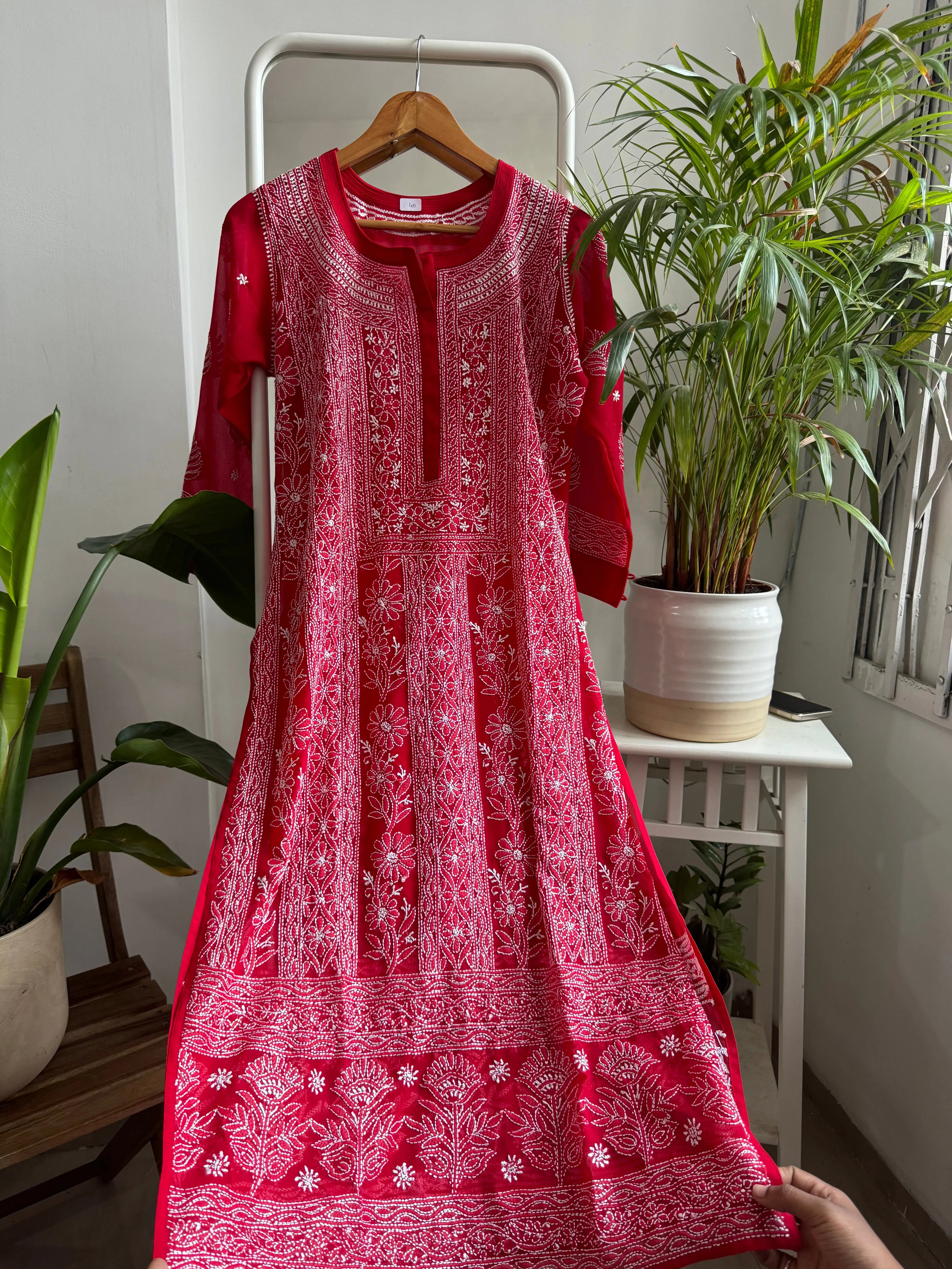 Chikankari Resham Jaal Kurti - Red ARIAA CHIKANKARI