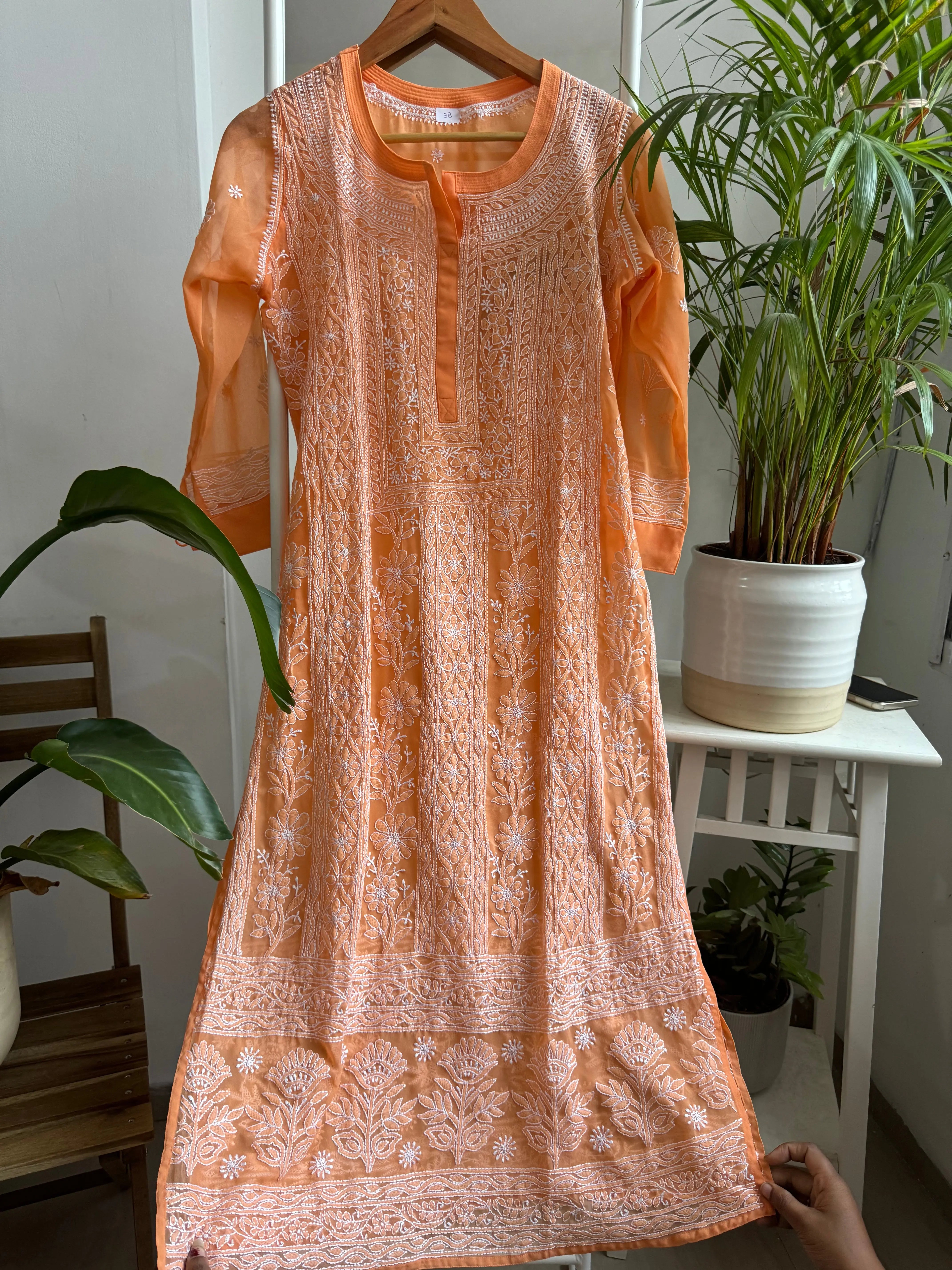 Chikankari Resham Jaal Kurti - Sunset Orange ARIAA CHIKANKARI