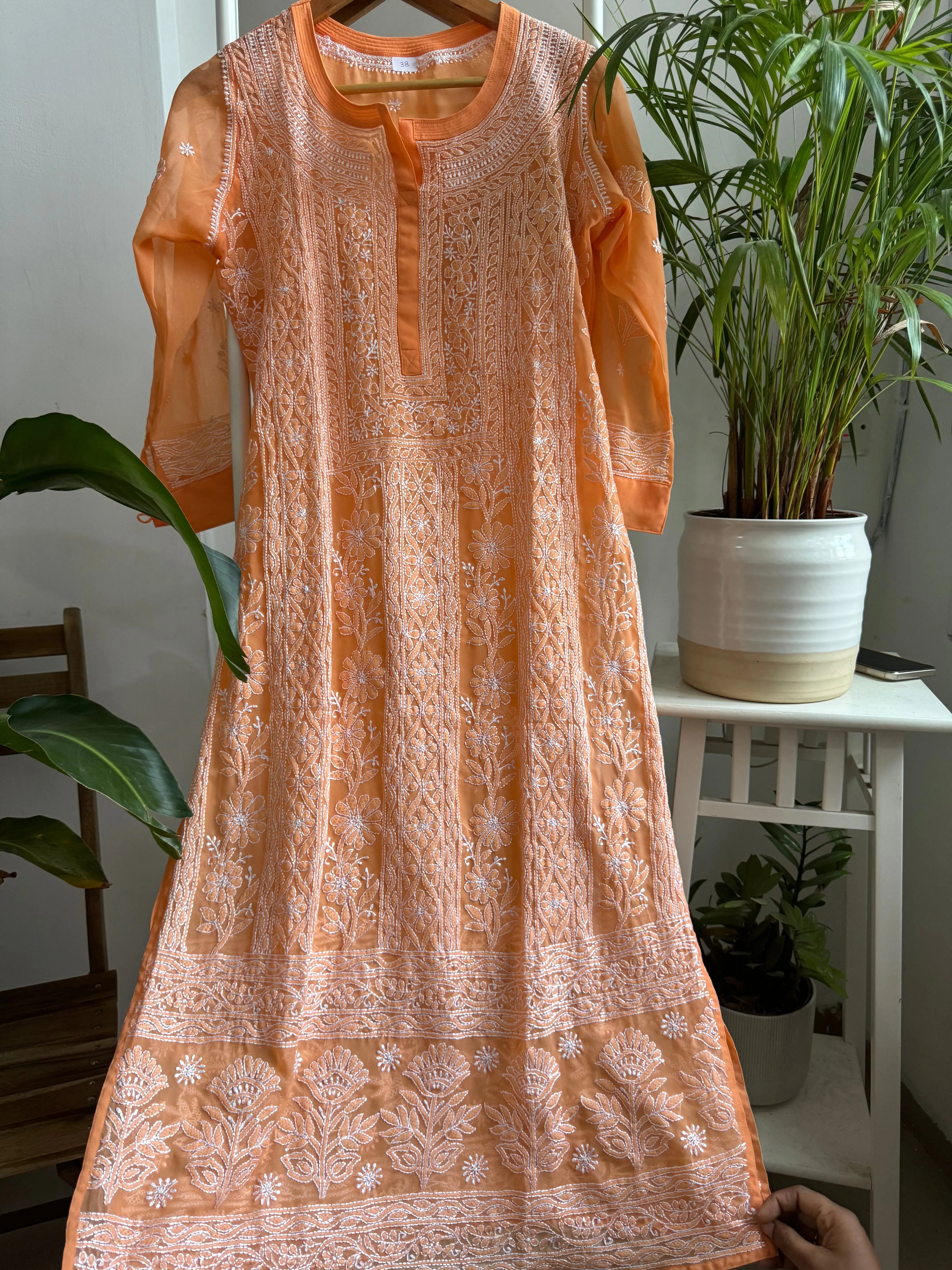 Chikankari Resham Jaal Kurti - Sunset Orange ARIAA CHIKANKARI