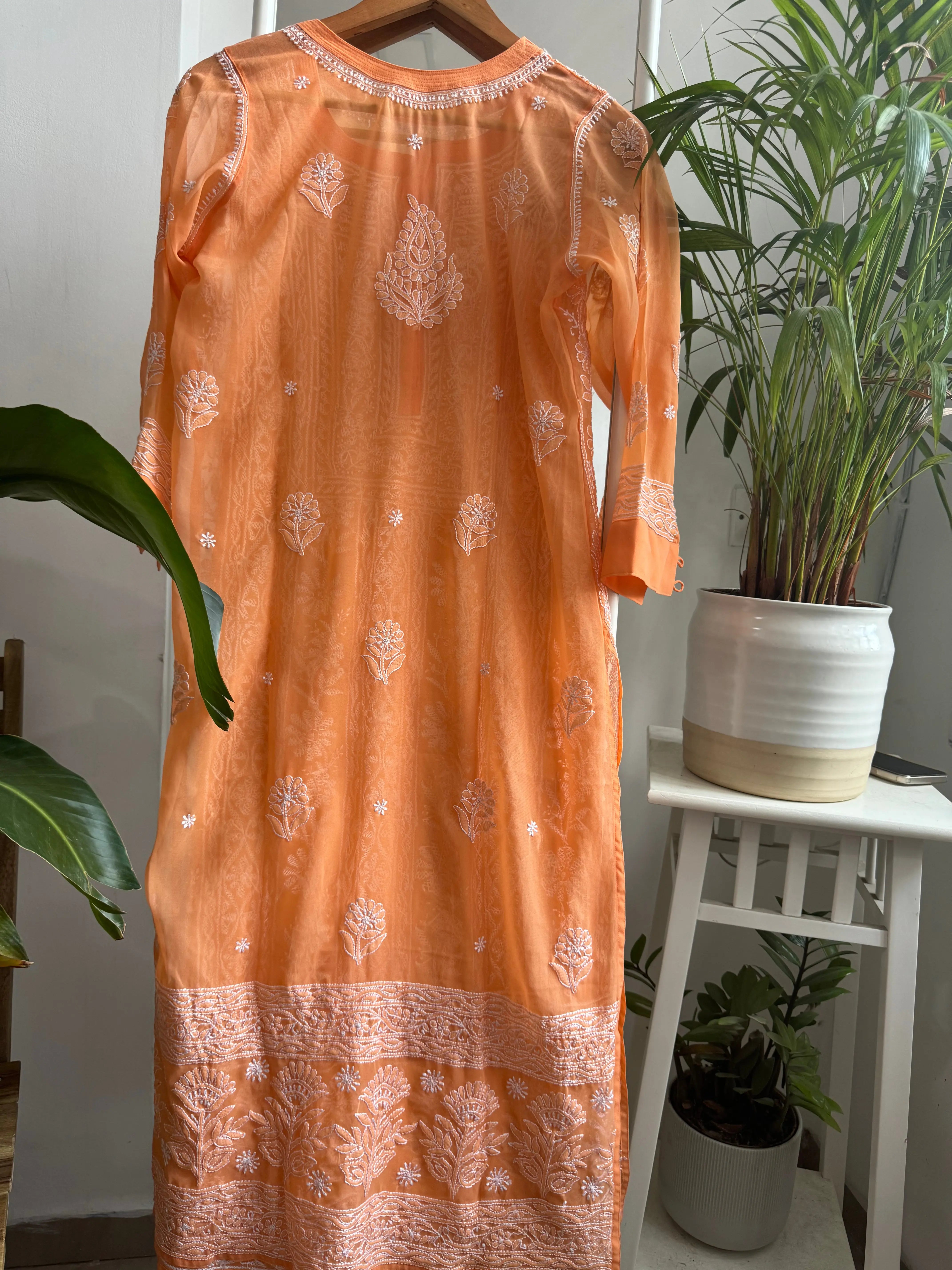 Chikankari Resham Jaal Kurti - Sunset Orange ARIAA CHIKANKARI
