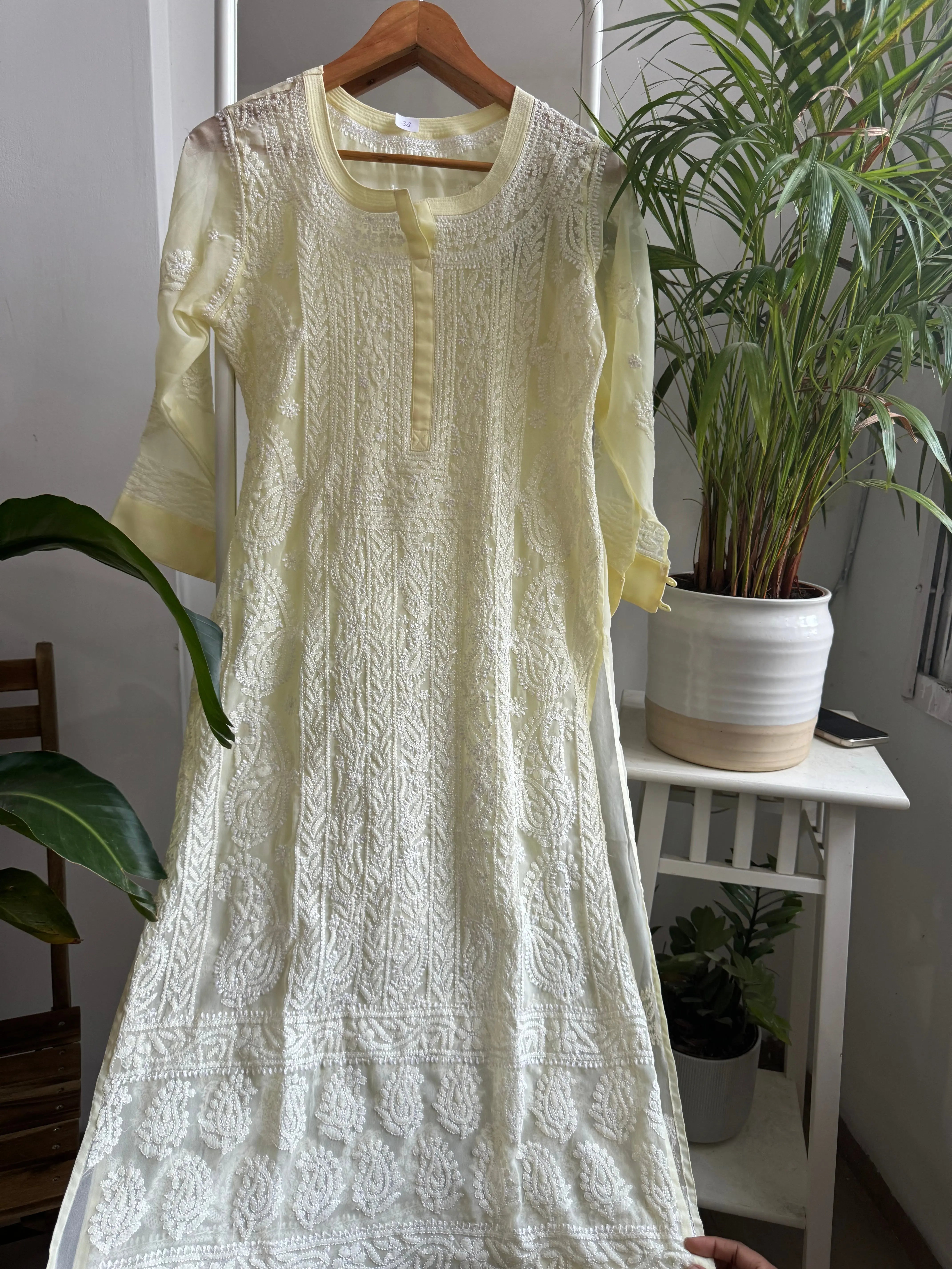 Chikankari Resham Jaal Kurti - Light Yellow ARIAA CHIKANKARI