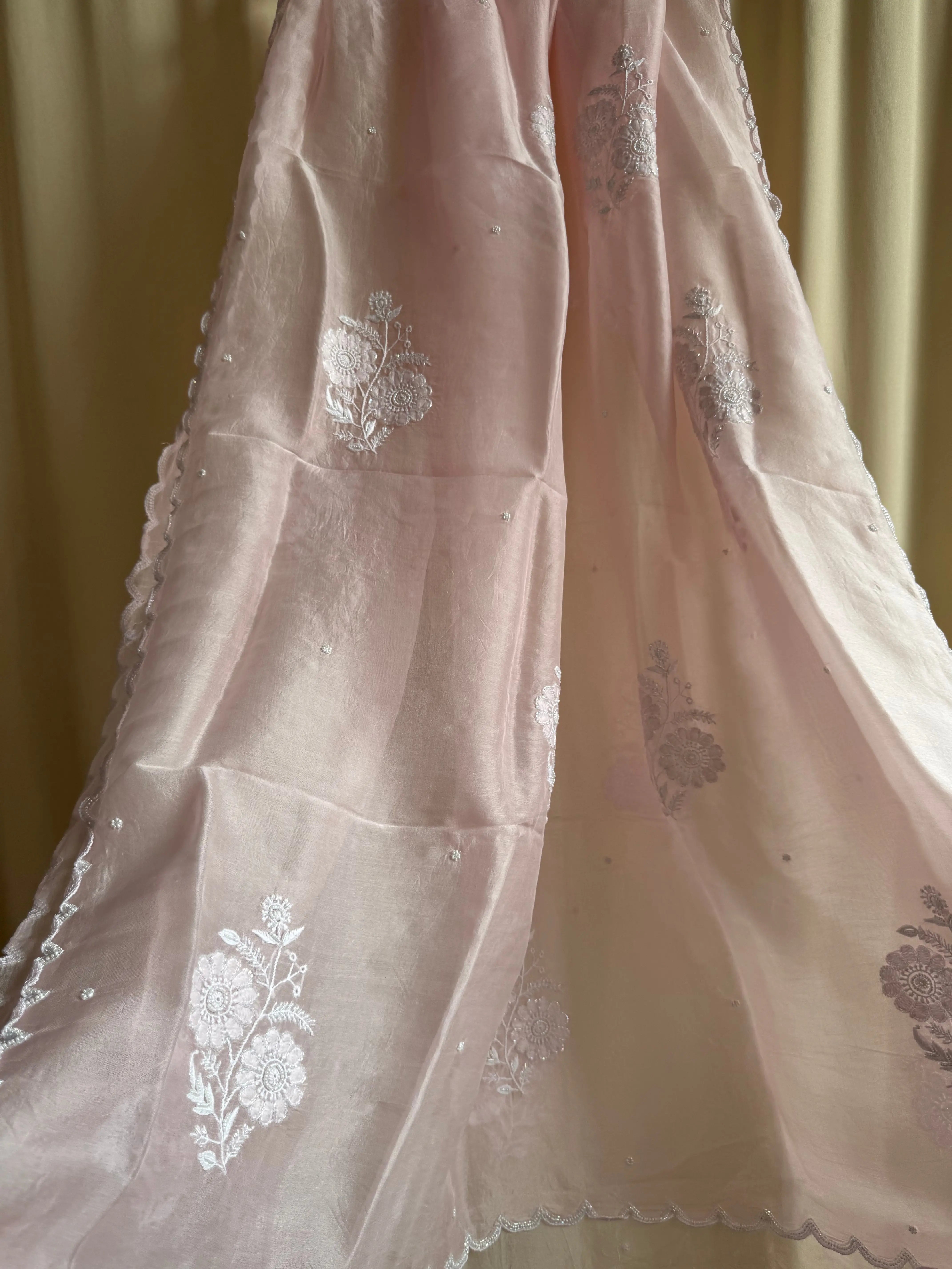 Pure Organza Dupatta with Chikankari and Pearl Work in Champagne Pink ARIAA CHIKANKARI