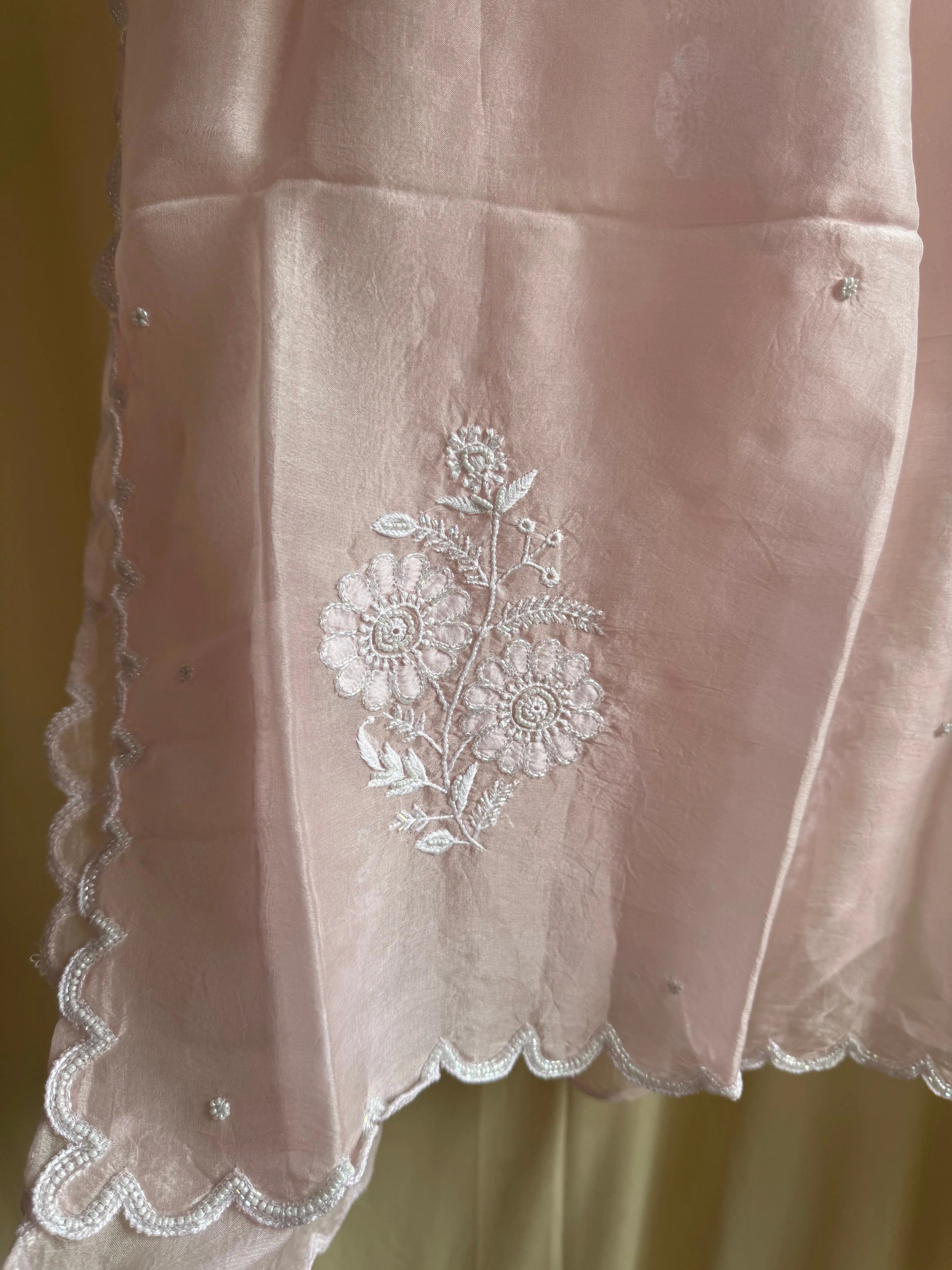 Pure Organza Dupatta with Chikankari and Pearl Work in Champagne Pink ARIAA CHIKANKARI