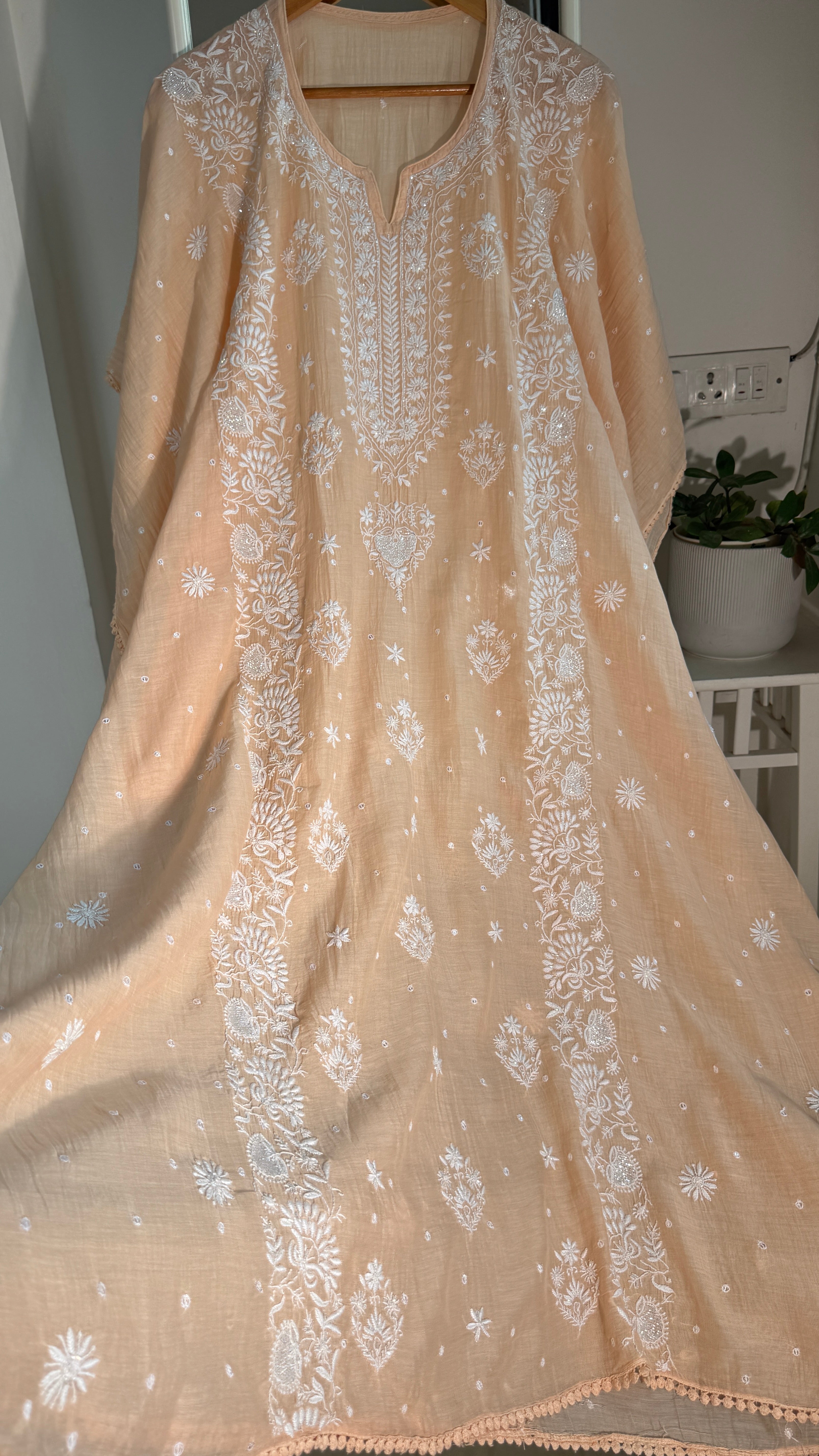 Mul Chanderi Chikankari Kaftan - Peach