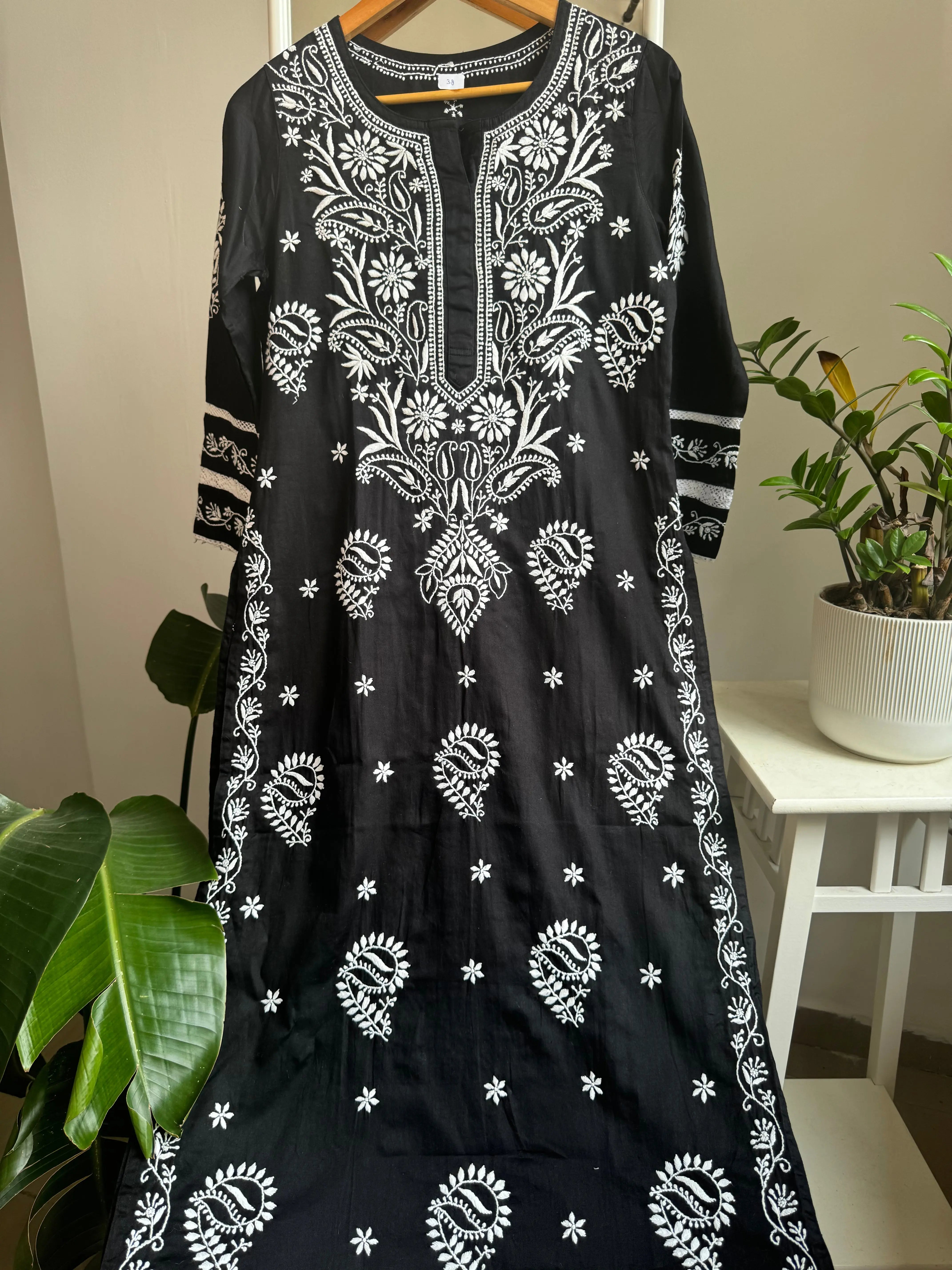 Cotton Chikankari Kurti - Black ARIAA CHIKANKARI